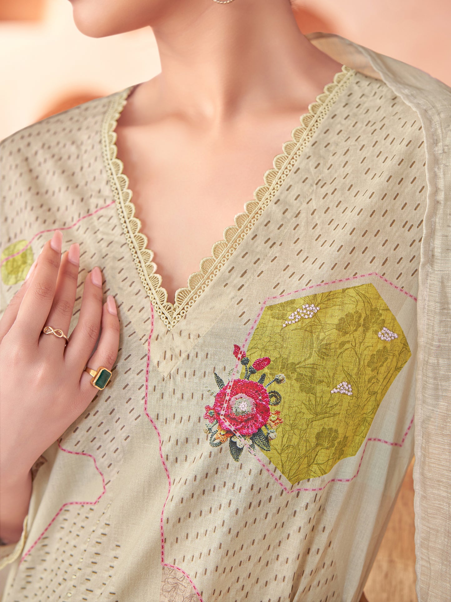 Suvya Cream Pure Cotton Unstitched Set with Exquisite Handwork