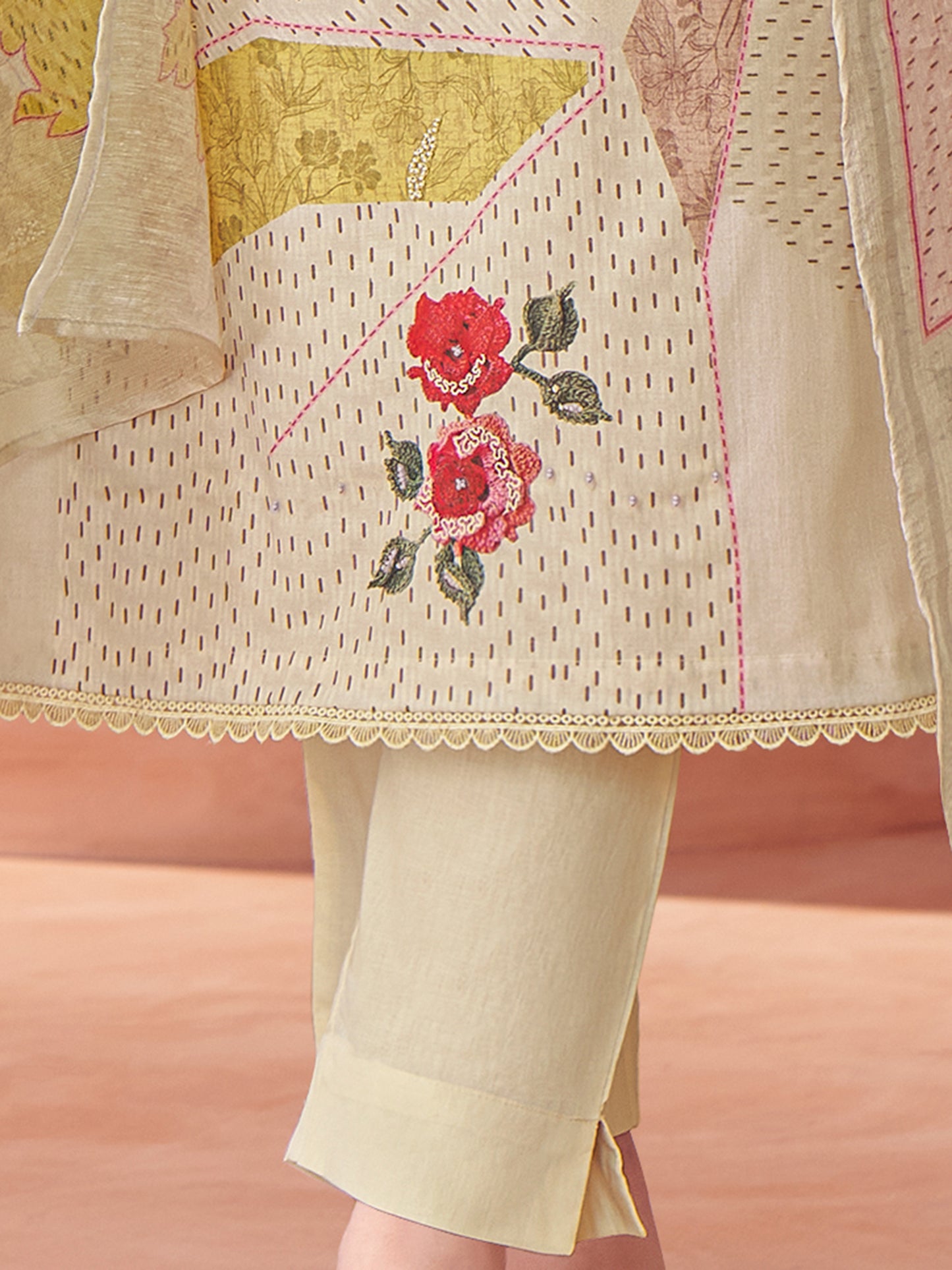 Suvya Cream Pure Cotton Unstitched Set with Exquisite Handwork