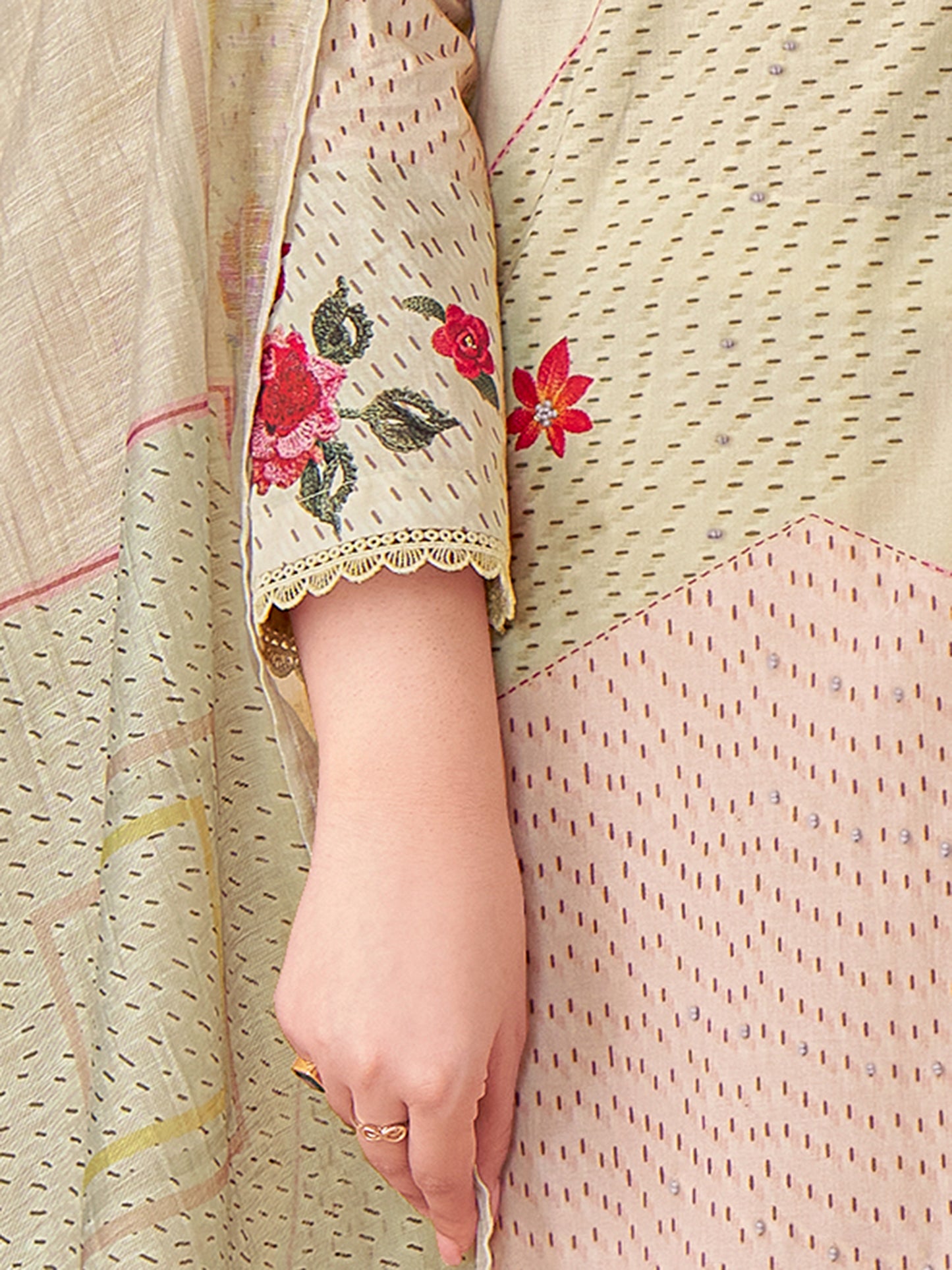Suvya Cream Pure Cotton Unstitched Set with Exquisite Handwork