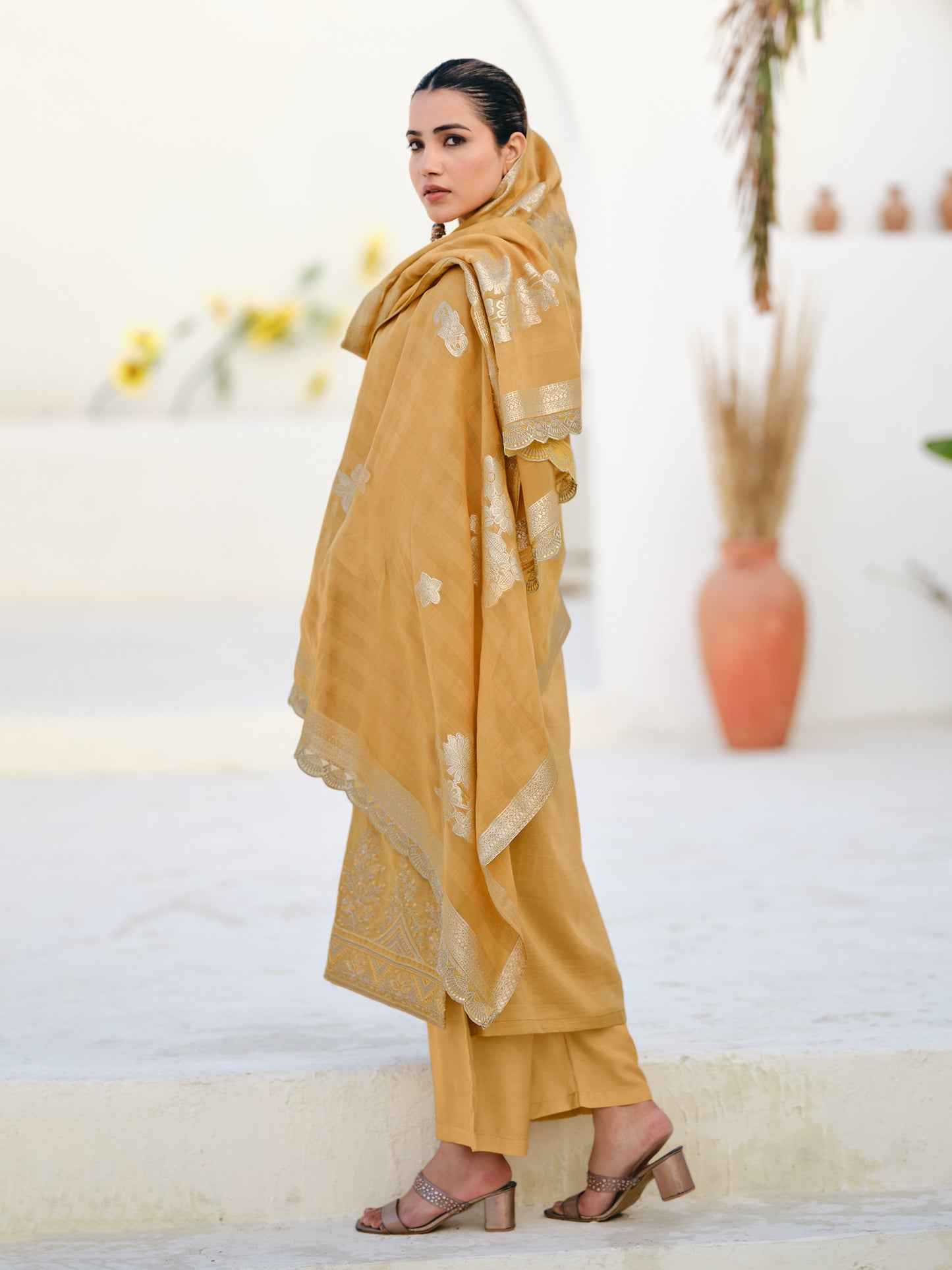 MUGHAL YELLOW Pure Orgenza Linen Suit Set with Stunning Emroidery