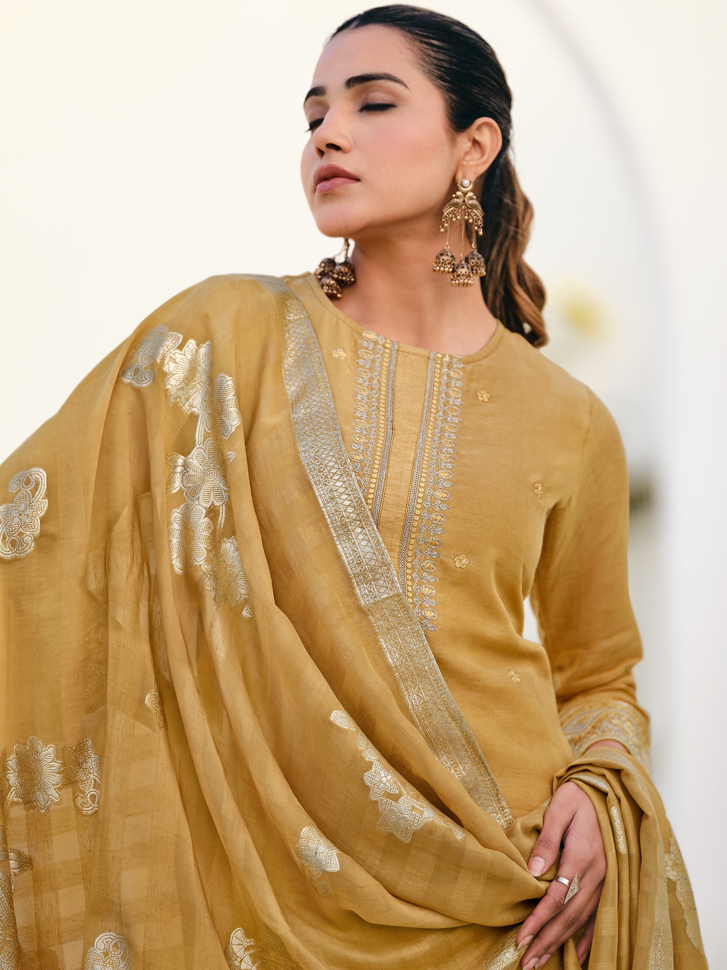 MUGHAL YELLOW Pure Orgenza Linen Suit Set with Stunning Emroidery