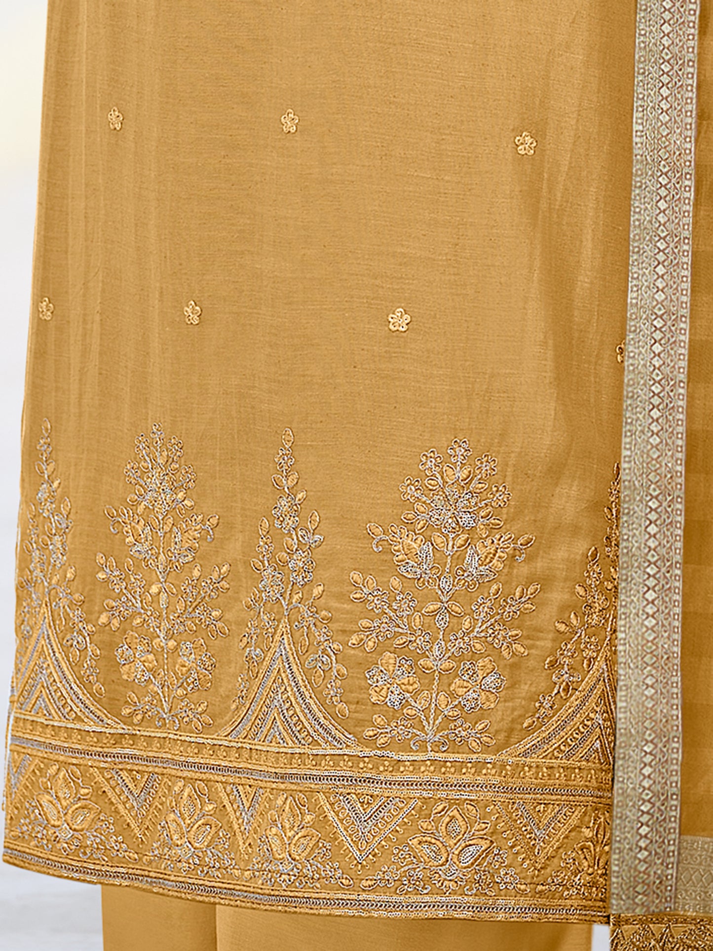 MUGHAL YELLOW Pure Orgenza Linen Suit Set with Stunning Emroidery