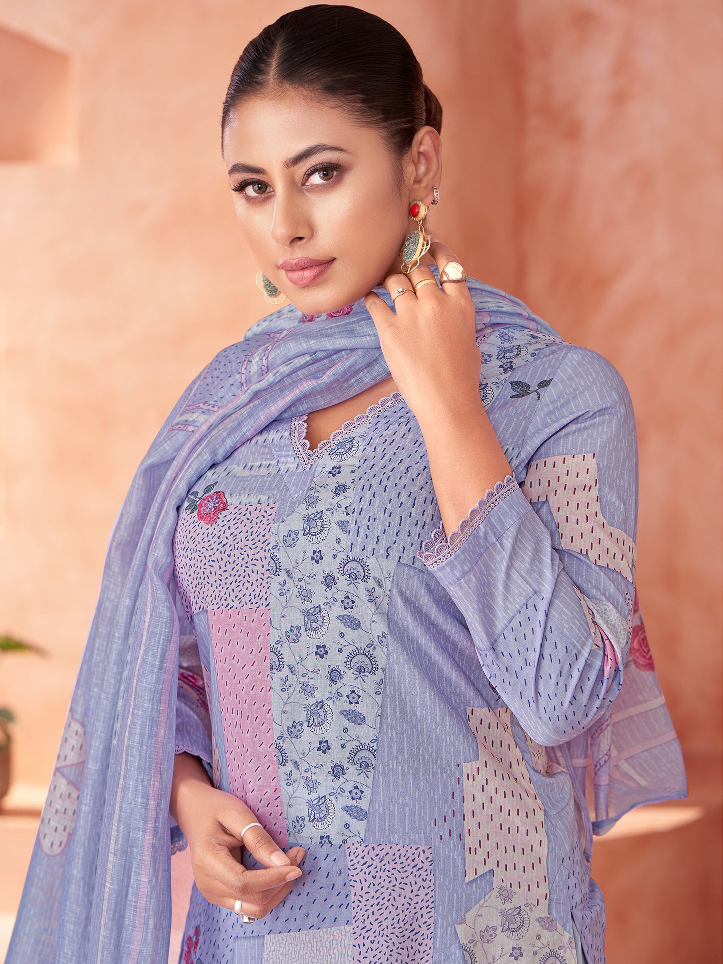 Suvya Blue Pure Cotton Unstitched Set with Exquisite Handwork