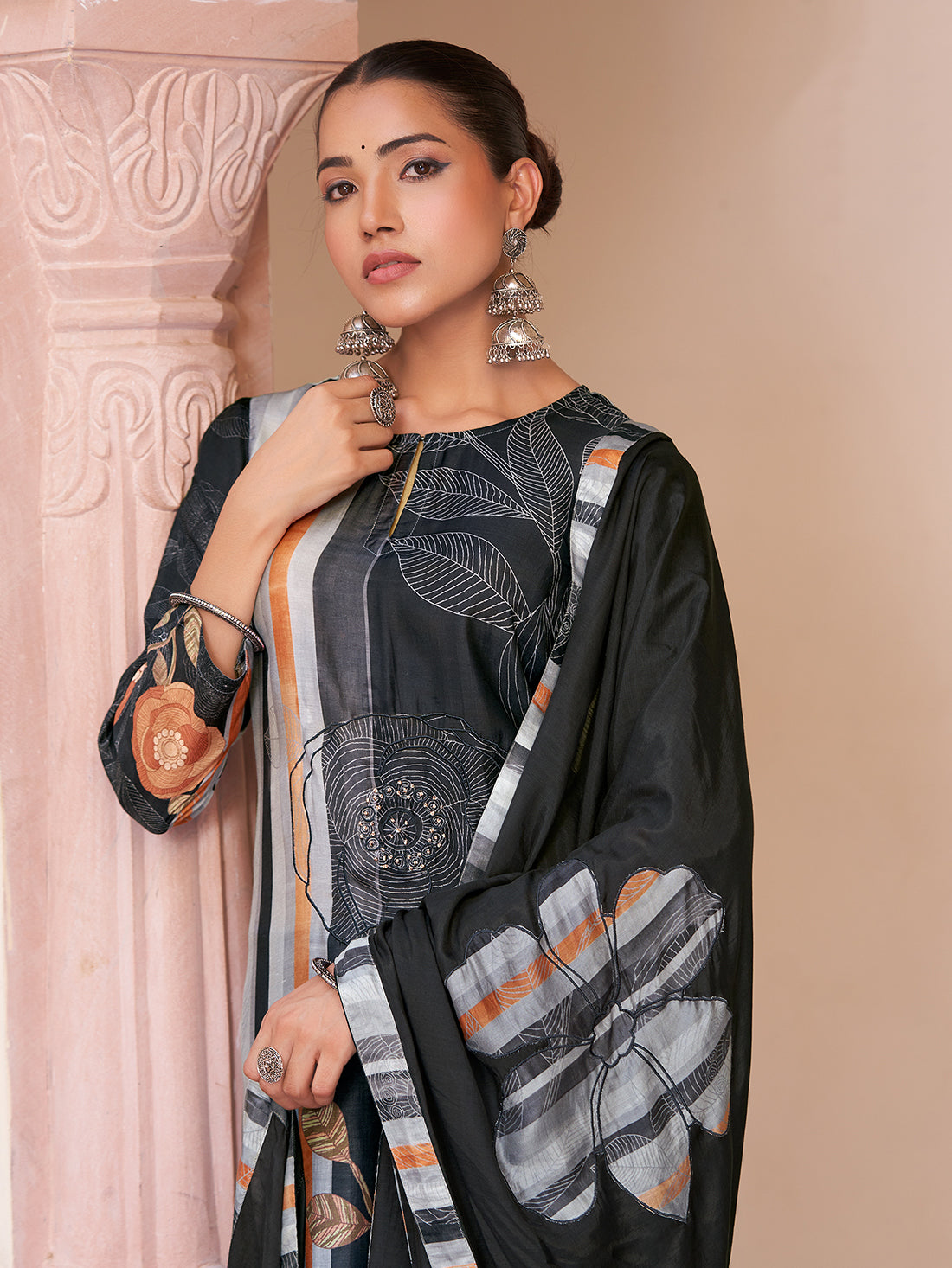SAKHI BLACK Muslin Unstitched Set With Fancy Handwork & threadle