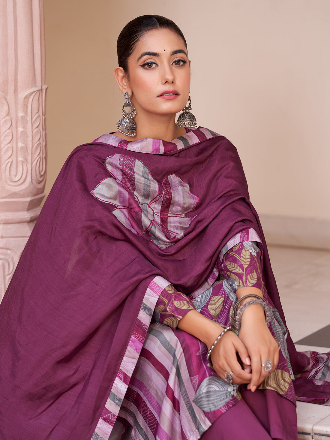 SAKHI WINE Muslin SUIT Set With Fancy Handwork & threadle