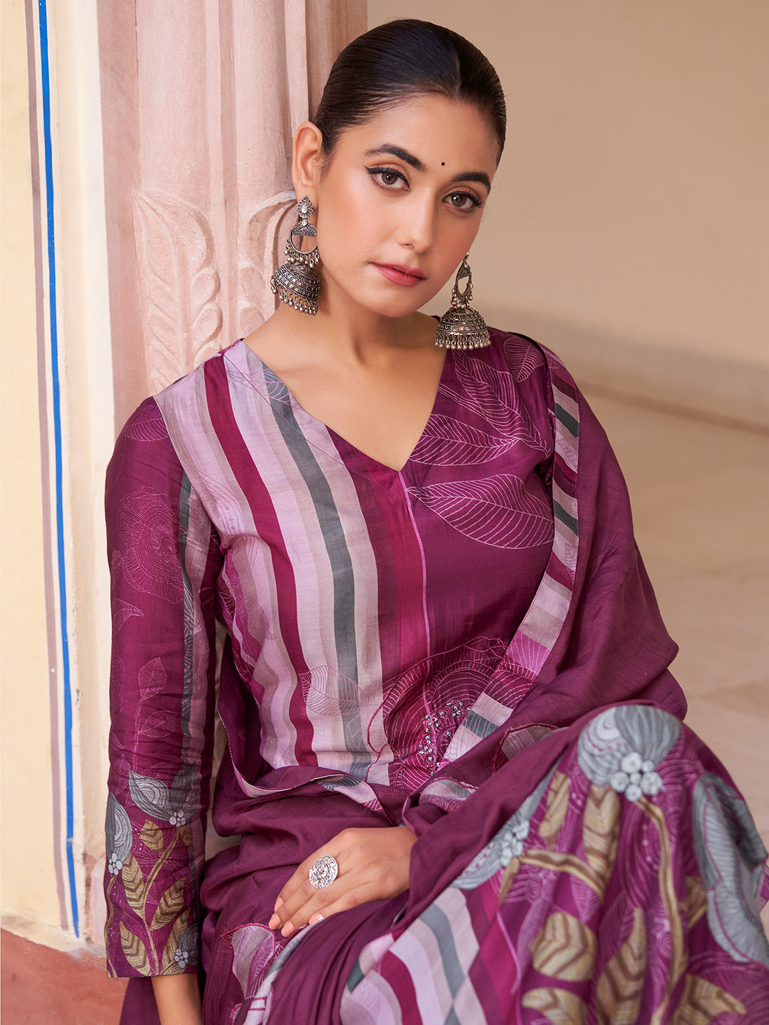 SAKHI WINE Muslin SUIT Set With Fancy Handwork & threadle