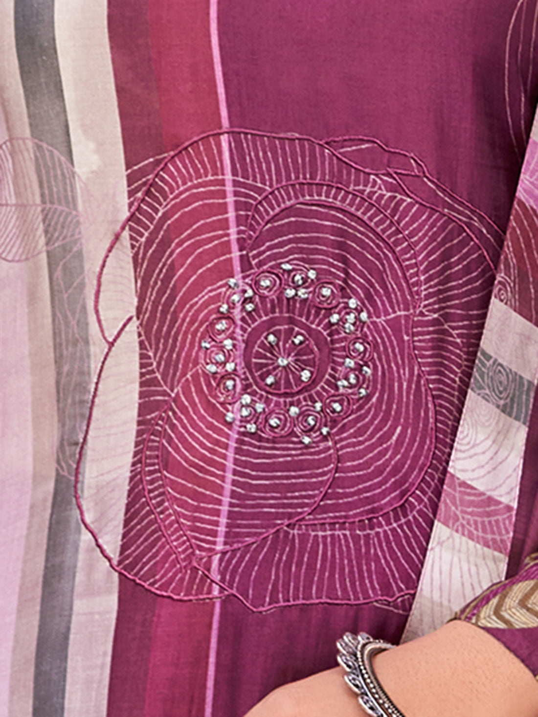 SAKHI WINE Muslin SUIT Set With Fancy Handwork & threadle