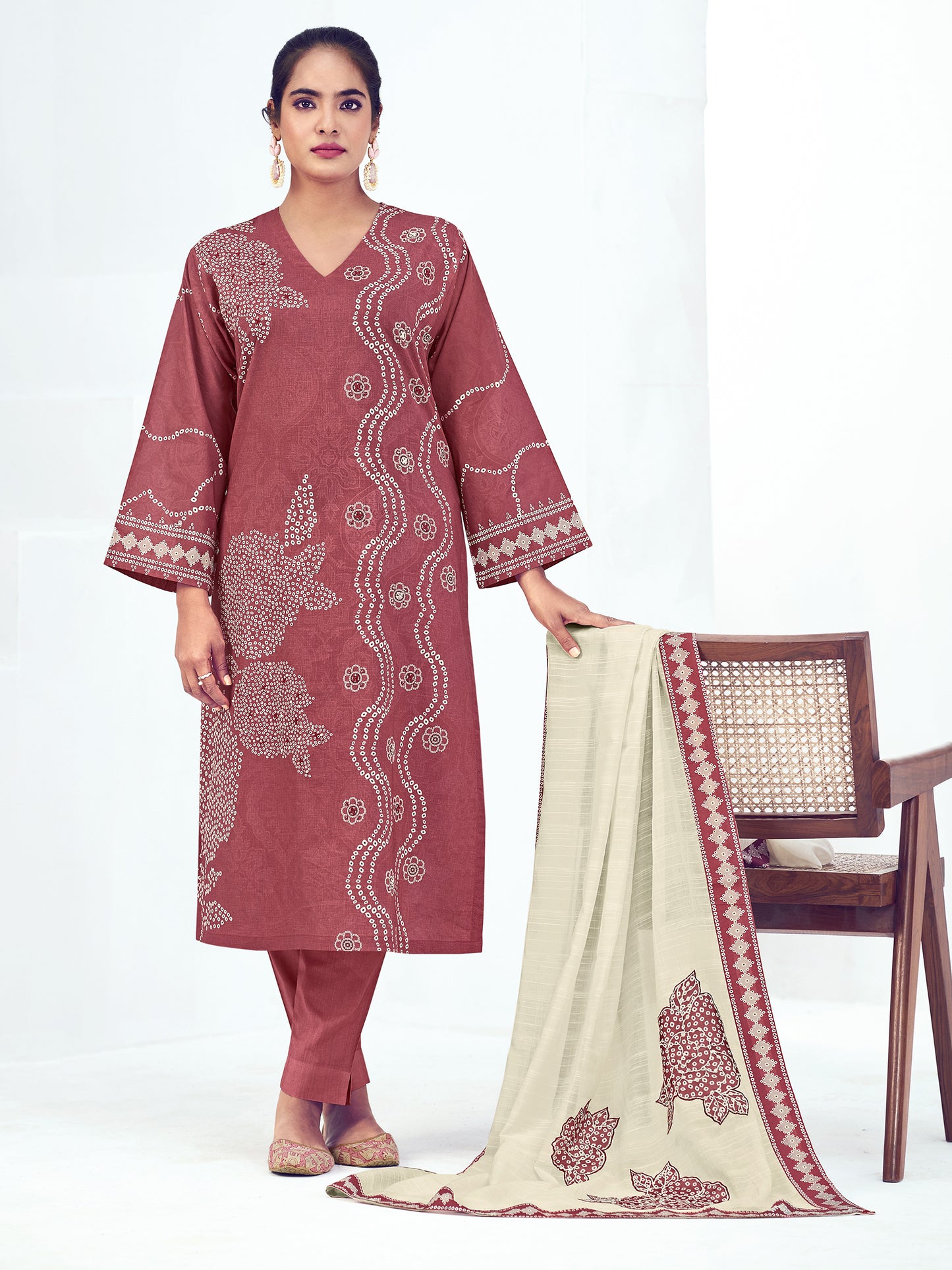Vrinda Dark Rust Cotton Elegance Unstitched Set with Fancy Handwork & Embroidery