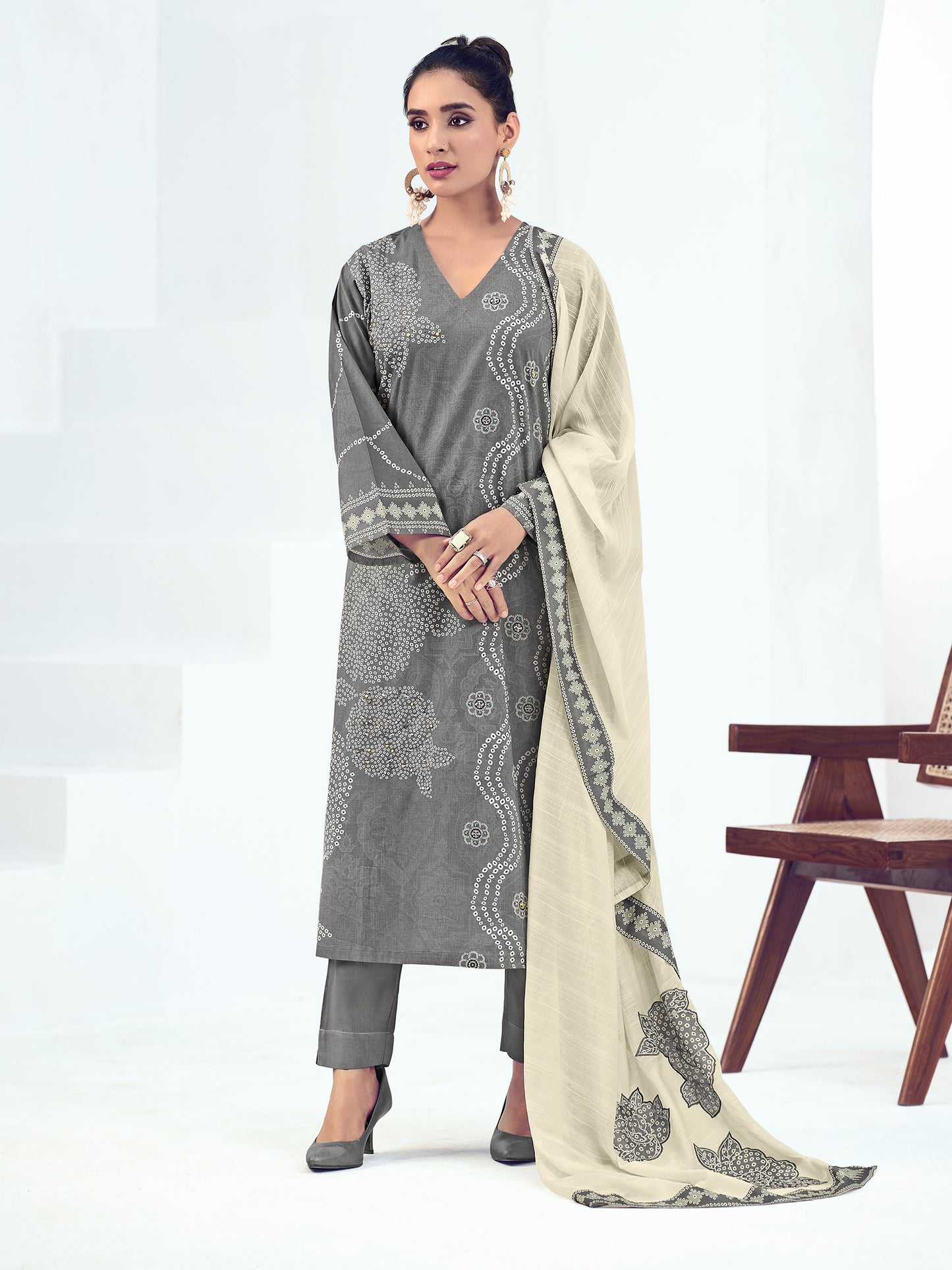 Vrinda Grey Luxe Cotton Unstitched Set with Exquisite Handwork & Embroidery