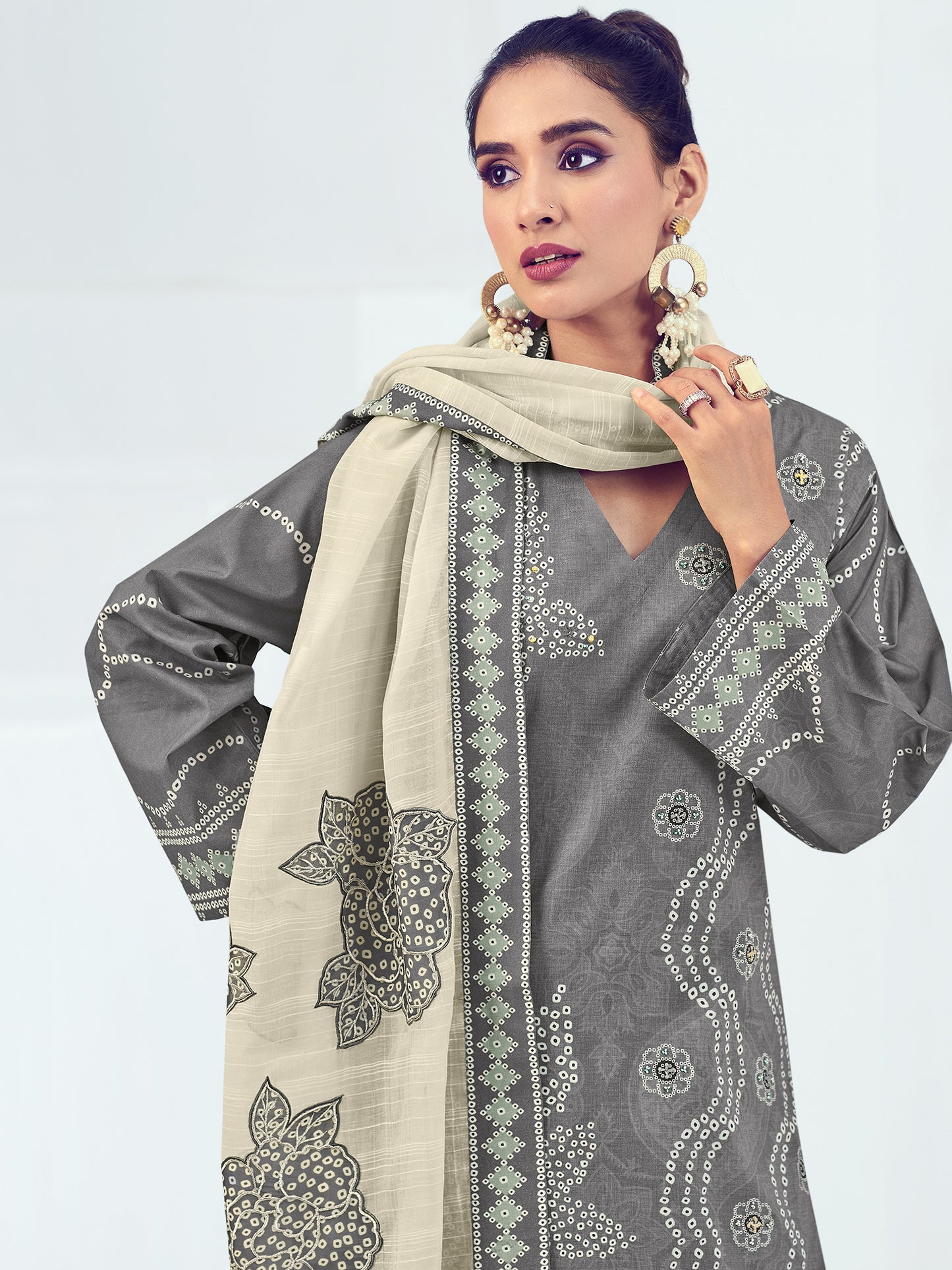 Vrinda Grey Luxe Cotton Unstitched Set with Exquisite Handwork & Embroidery