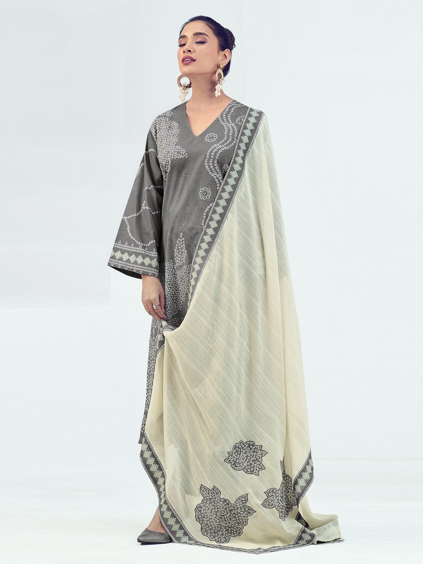 Vrinda Grey Luxe Cotton Suit Set with Exquisite Handwork & Embroidery
