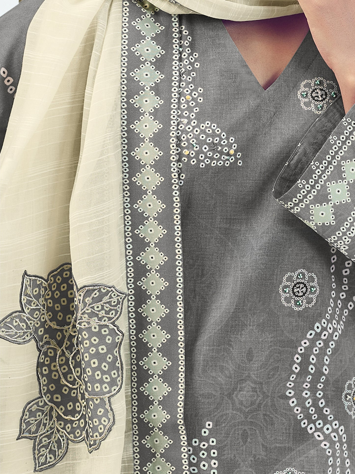 Vrinda Grey Luxe Cotton Unstitched Set with Exquisite Handwork & Embroidery