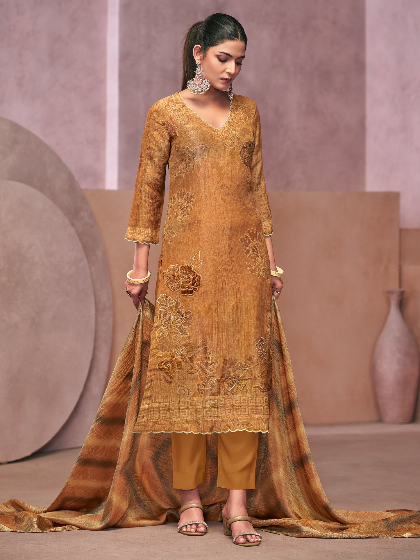 VADANYA MUSTARD BROWN Pure Fancy Linen Zari Unstitched Set With Elegant Handwork, Embroidery & Threadal