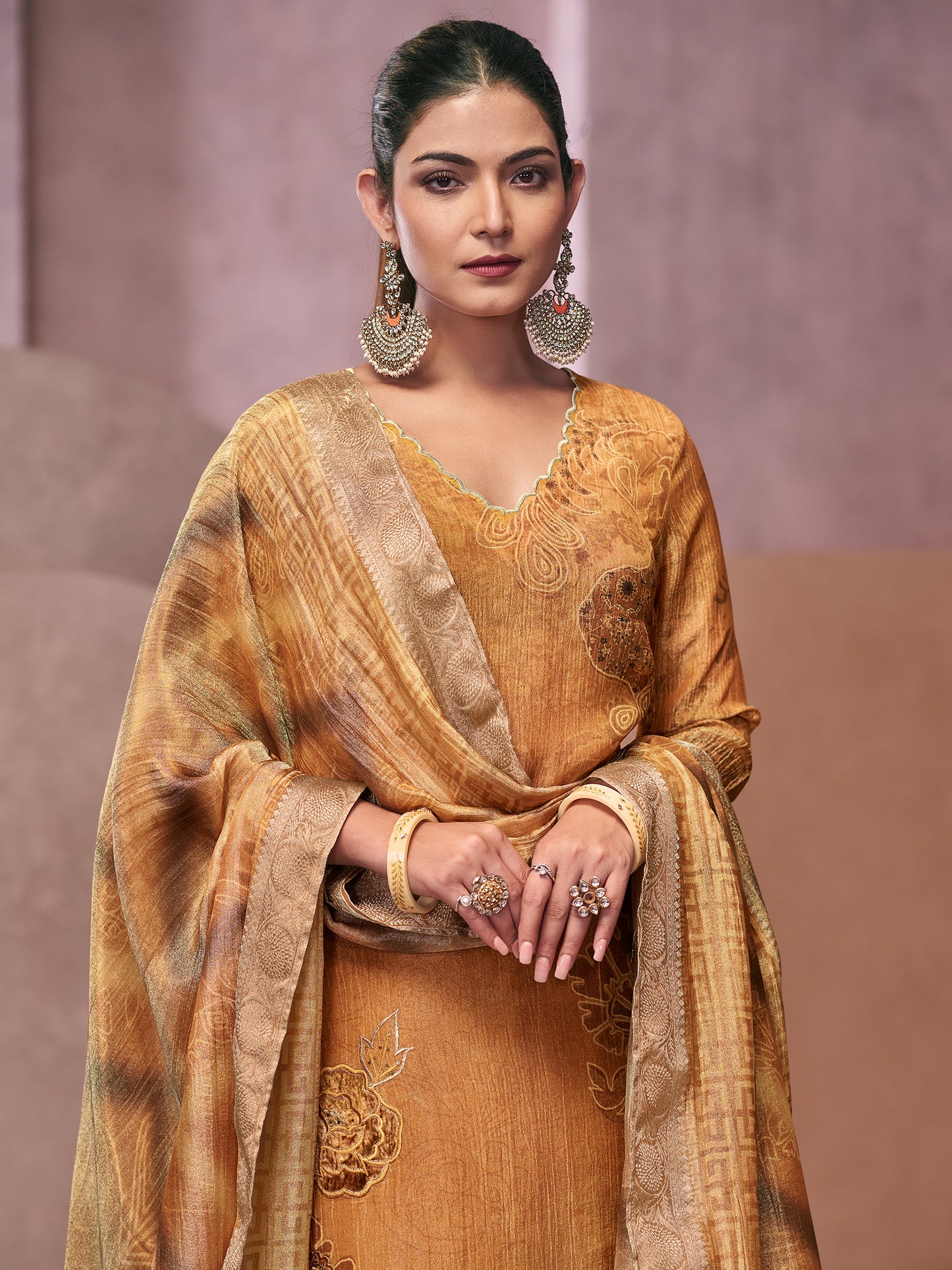 VADANYA MUSTARD BROWN Pure Fancy Linen Zari Unstitched Set With Elegant Handwork, Embroidery & Threadal