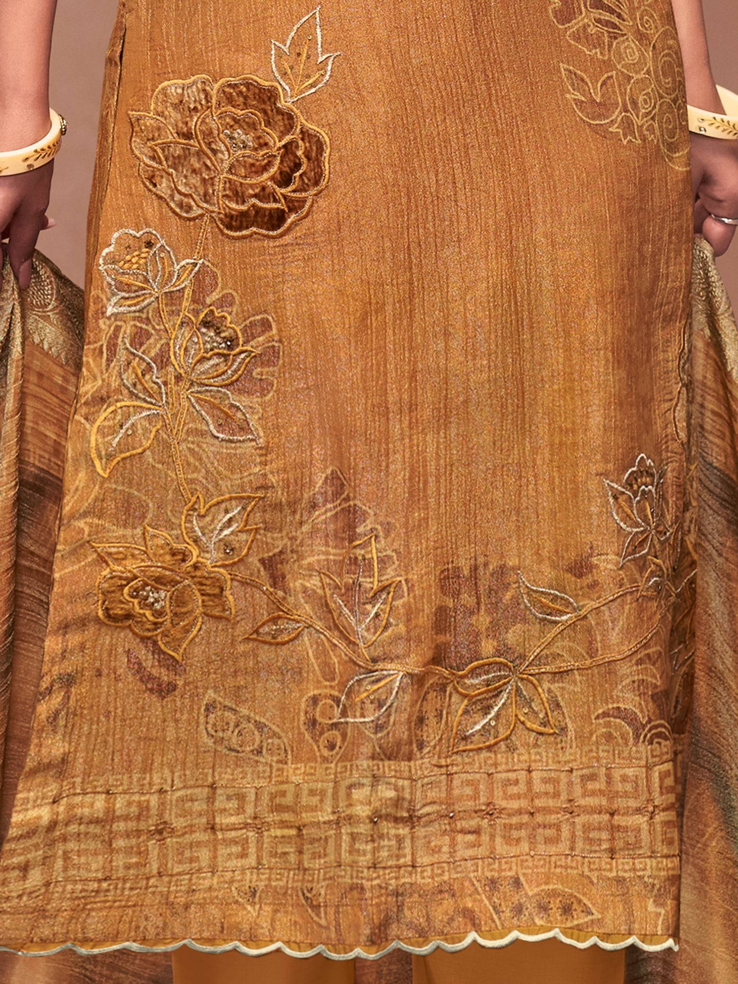 VADANYA MUSTARD BROWN Pure Fancy Linen Zari Unstitched Set With Elegant Handwork, Embroidery & Threadal