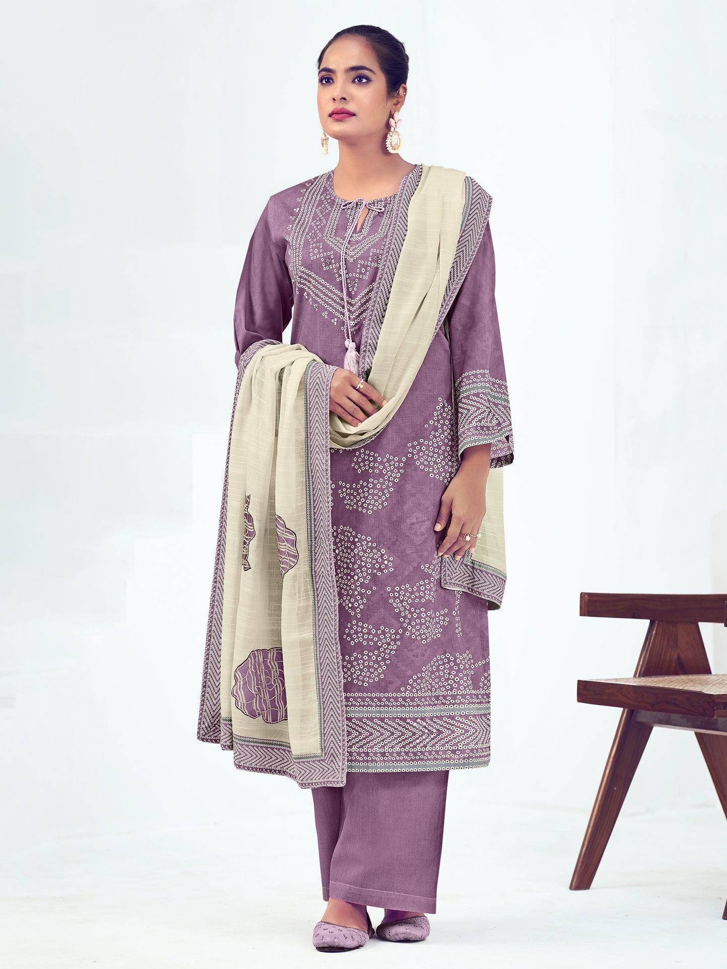 Vrinda Wine Embellished Cotton Unstitched Set with Fancy Handwork & Elegant Embroidery
