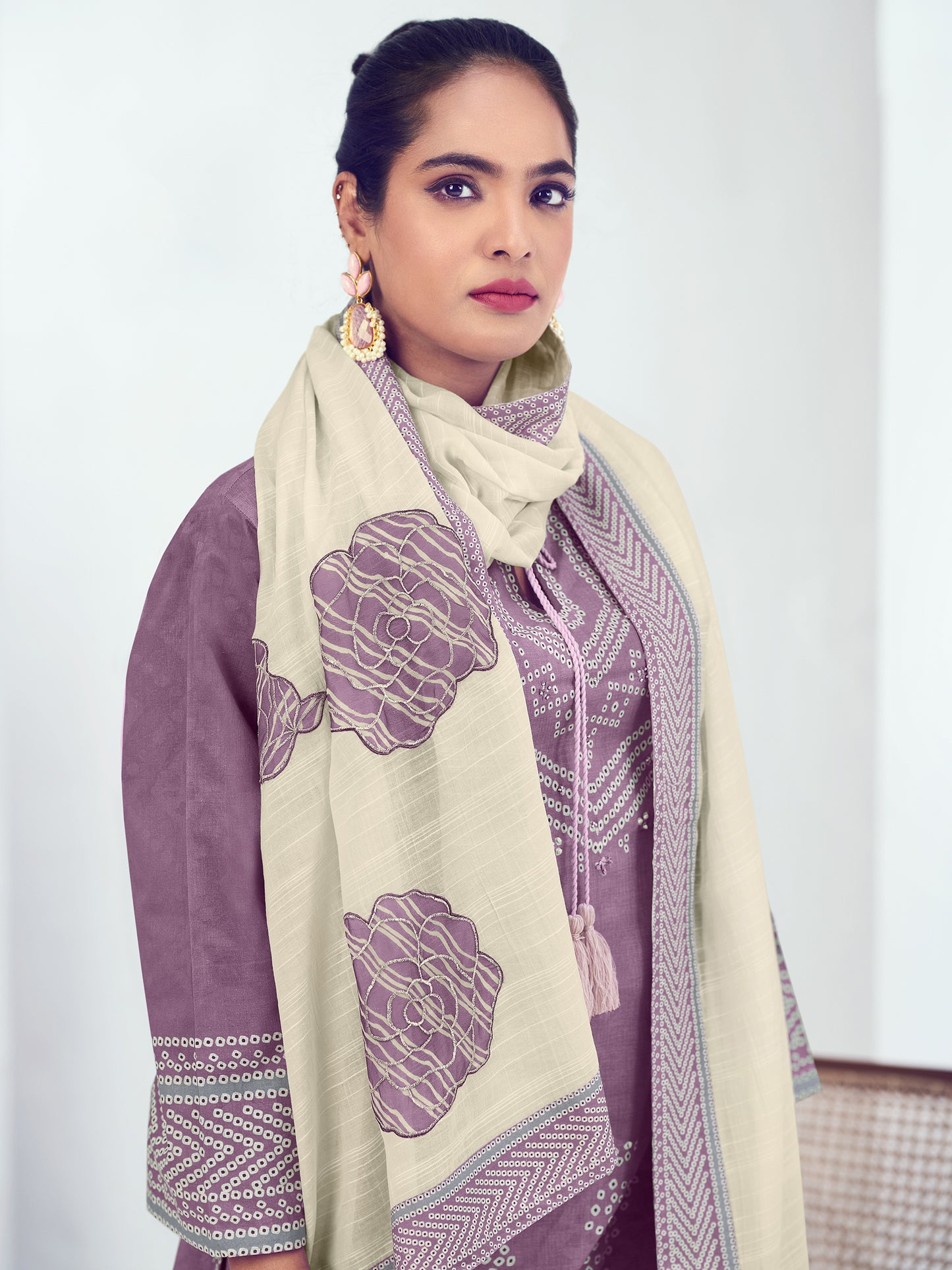 Vrinda Wine Embellished Cotton Unstitched Set with Fancy Handwork & Elegant Embroidery