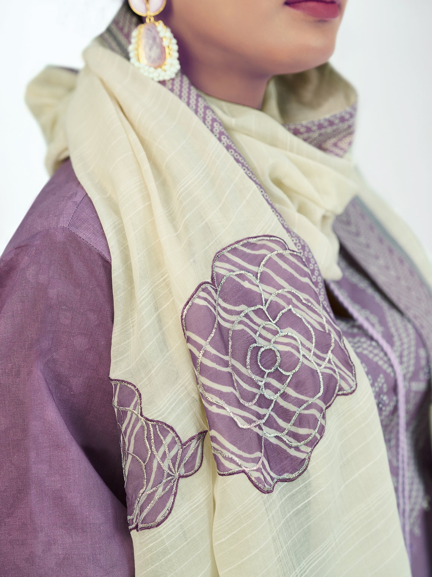Vrinda Wine Embellished Cotton Unstitched Set with Fancy Handwork & Elegant Embroidery
