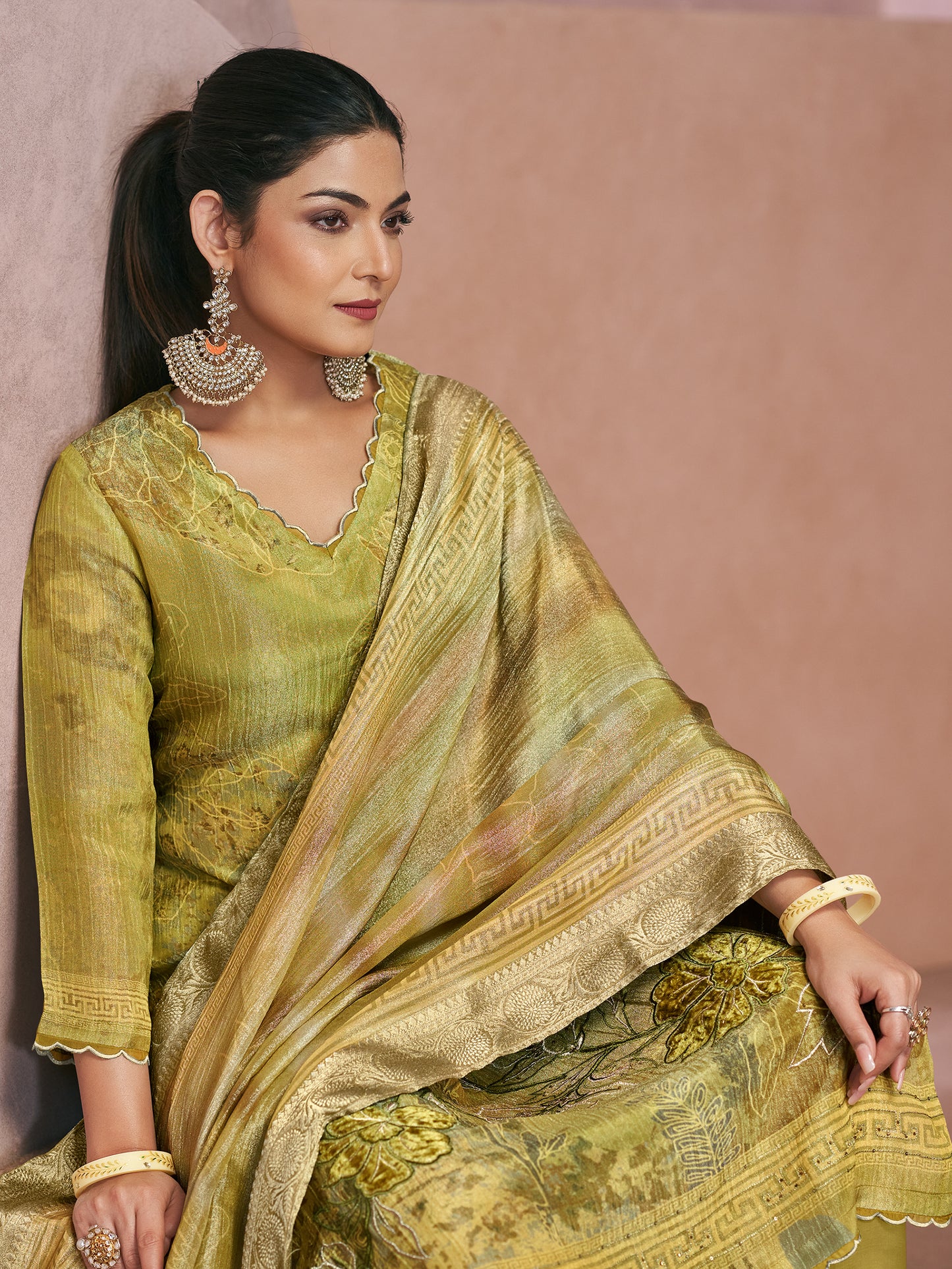 VADANYA OLIVE YELLOW Pure Fancy Linen Zari Unstitched Set With Elegant Handwork, Embroidery & Threadal