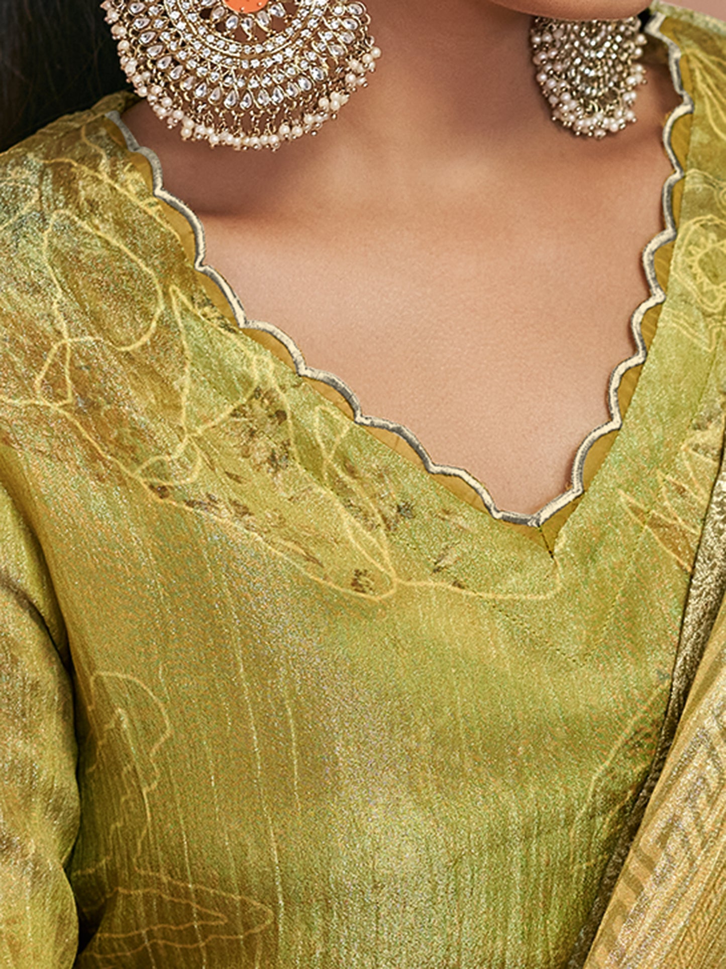 VADANYA OLIVE YELLOW Pure Fancy Linen Zari Unstitched Set With Elegant Handwork, Embroidery & Threadal