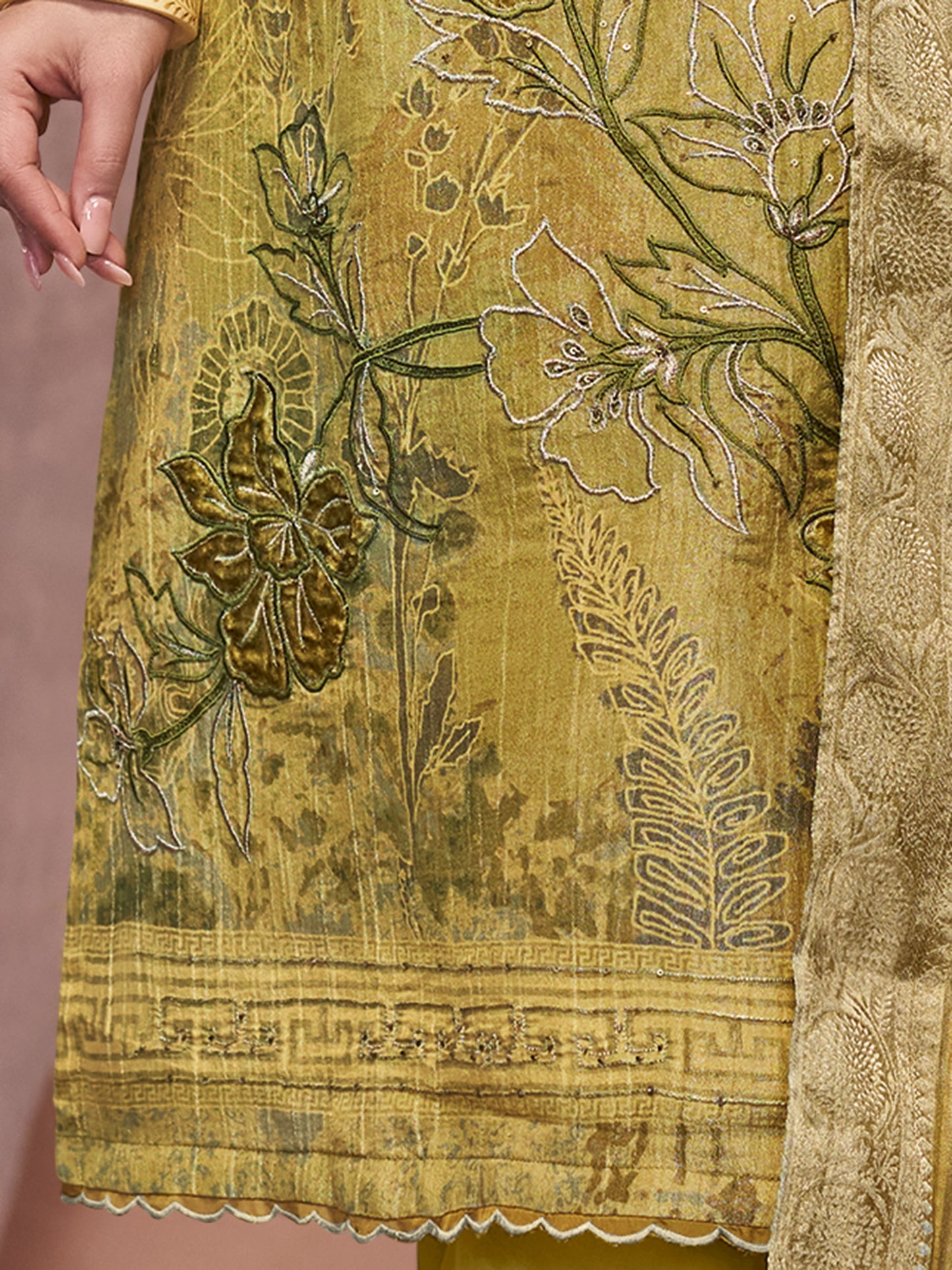 VADANYA OLIVE YELLOW Pure Fancy Linen Zari Unstitched Set With Elegant Handwork, Embroidery & Threadal