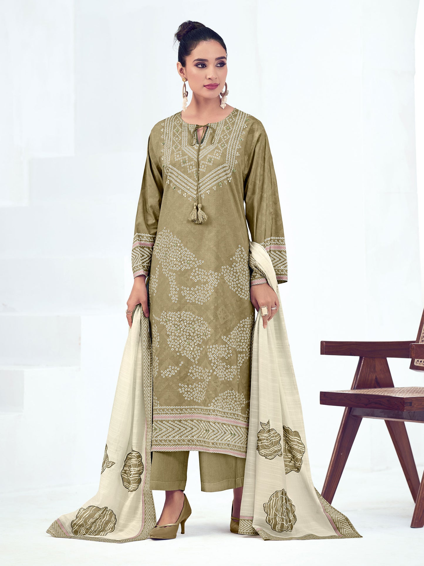 Vrinda Mehandi Elegant Cotton Unstitched Set with Intricate Handwork & Embroidery