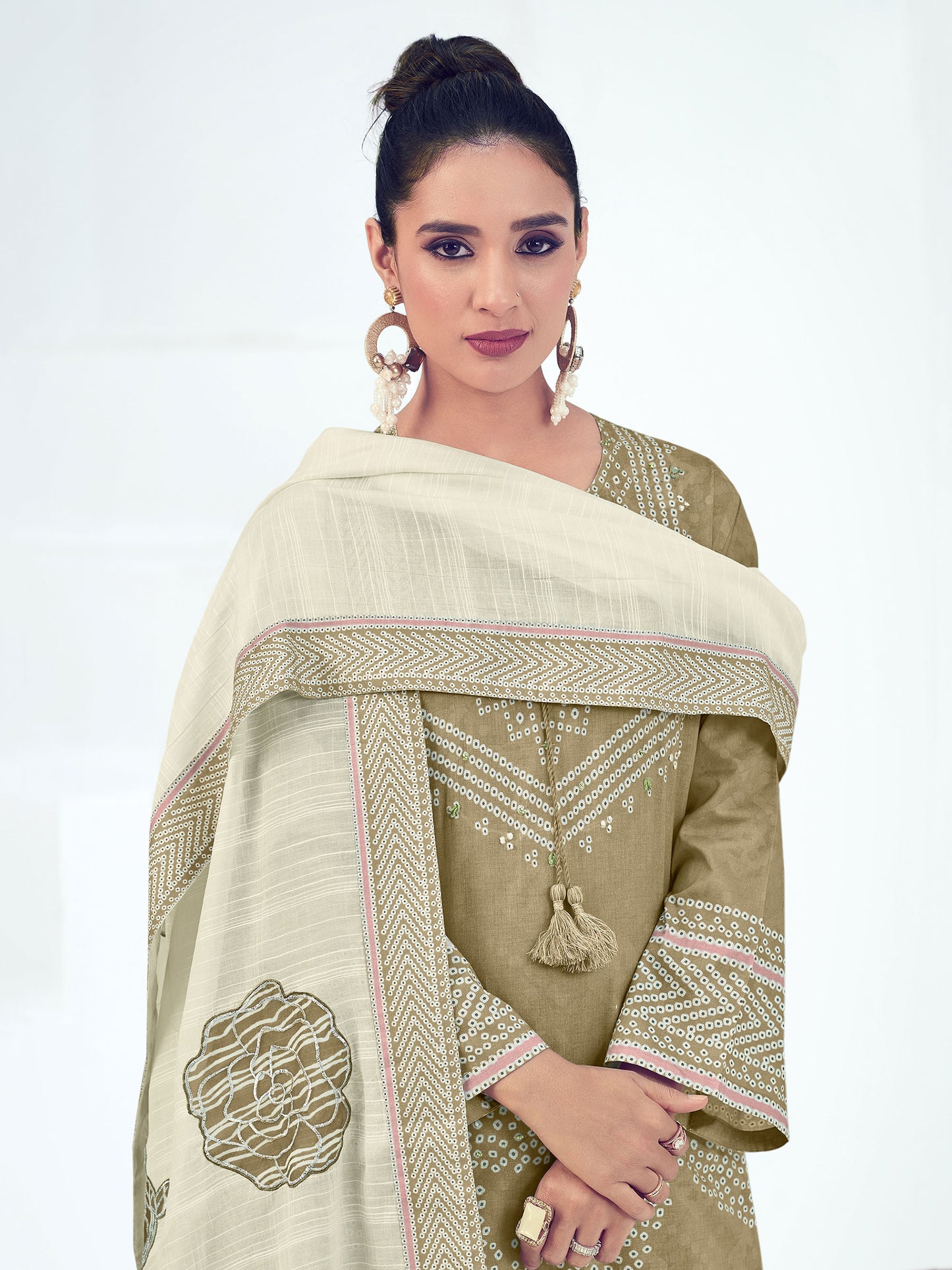 Vrinda Mehandi Elegant Cotton Unstitched Set with Intricate Handwork & Embroidery