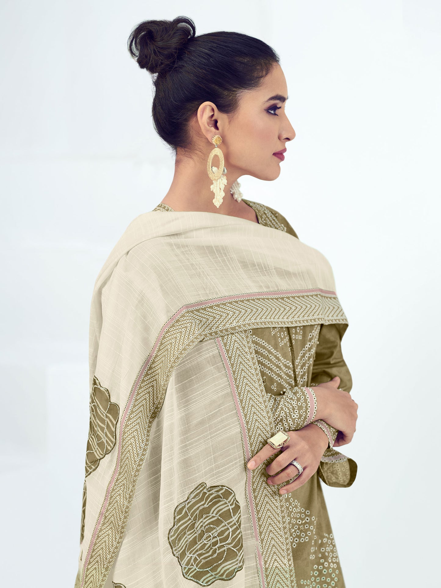 Vrinda Mehandi Elegant Cotton Unstitched Set with Intricate Handwork & Embroidery