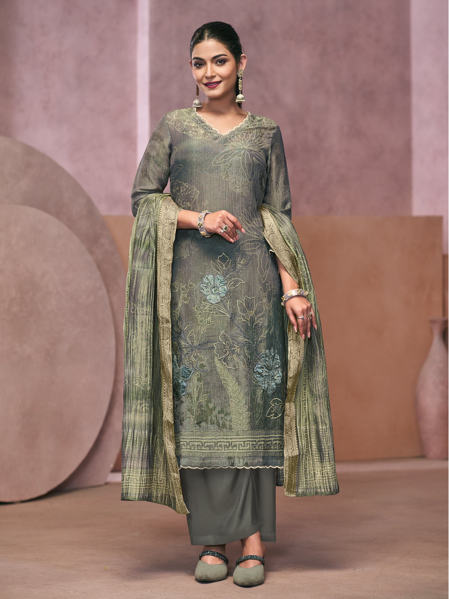 VADANYA DARKFOREST GREEN Pure Fancy Linen Zari Suit Set With Elegant Handwork, Embroidery & Threadal