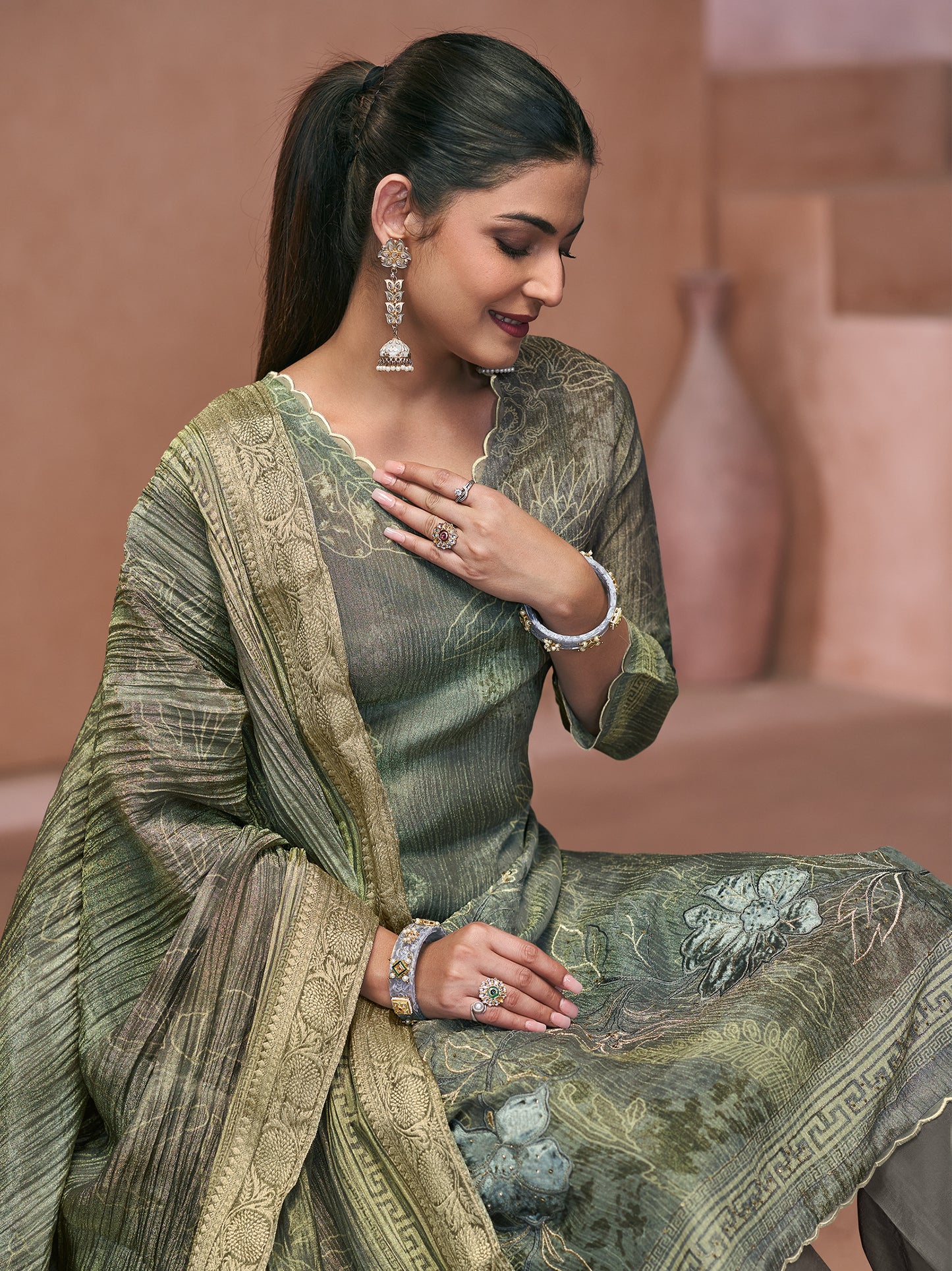 VADANYA DARKFOREST GREEN Pure Fancy Linen Zari Suit Set With Elegant Handwork, Embroidery & Threadal