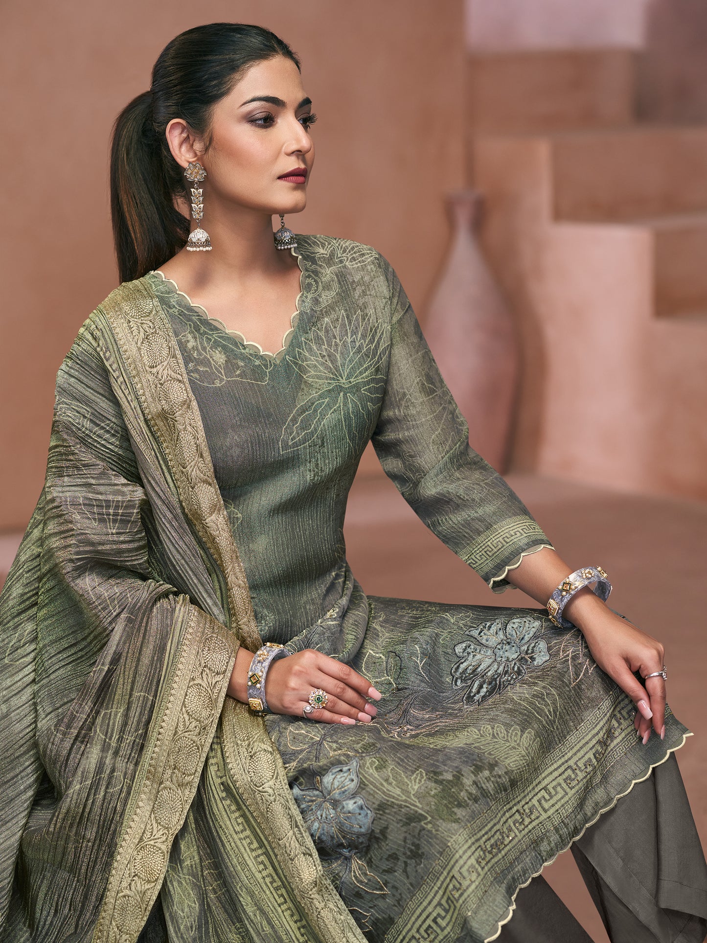 VADANYA DARKFOREST GREEN Pure Fancy Linen Zari Suit Set With Elegant Handwork, Embroidery & Threadal