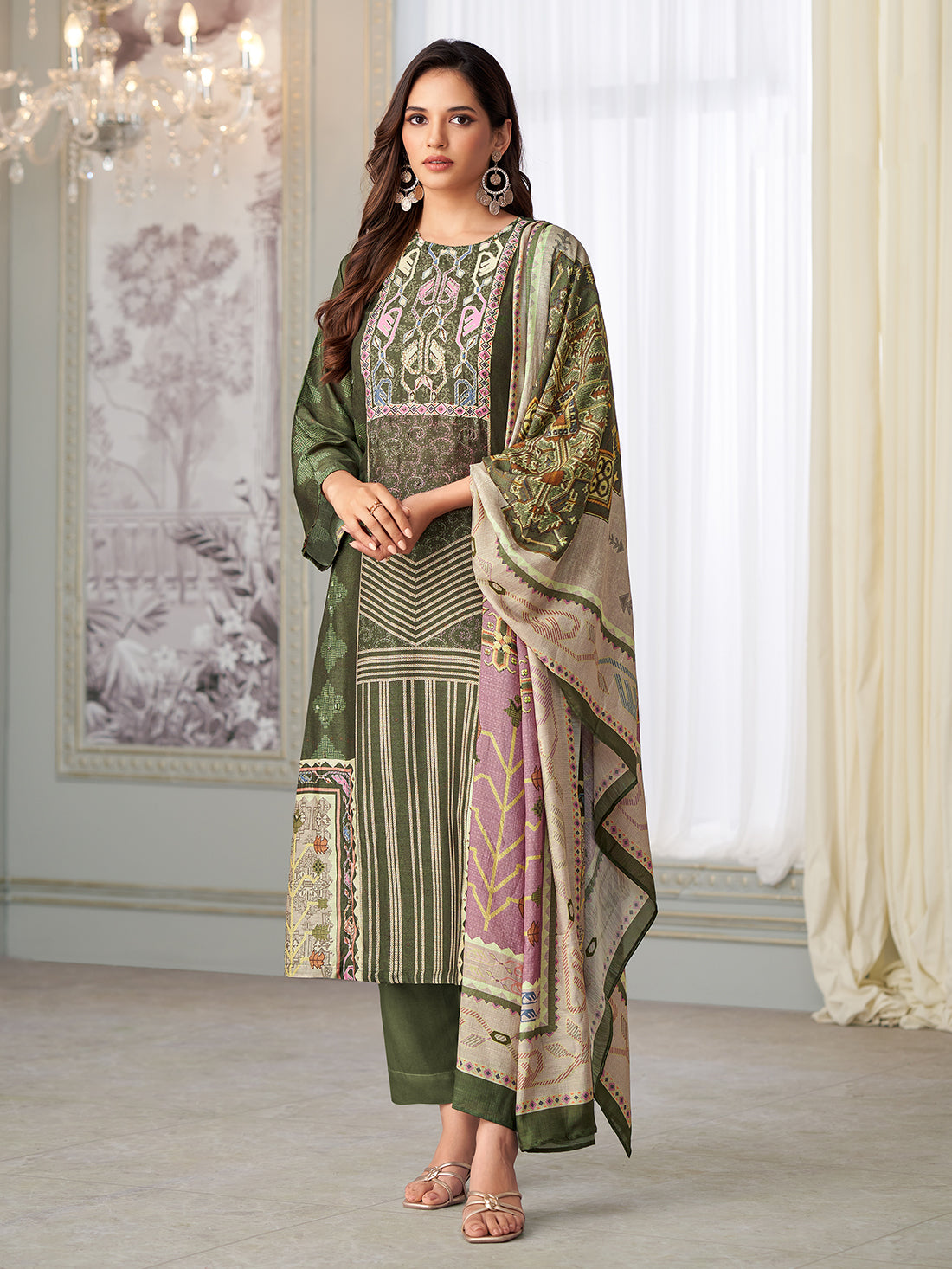 ANVESHA Mehendi - Muslin Suit Set With Handwork