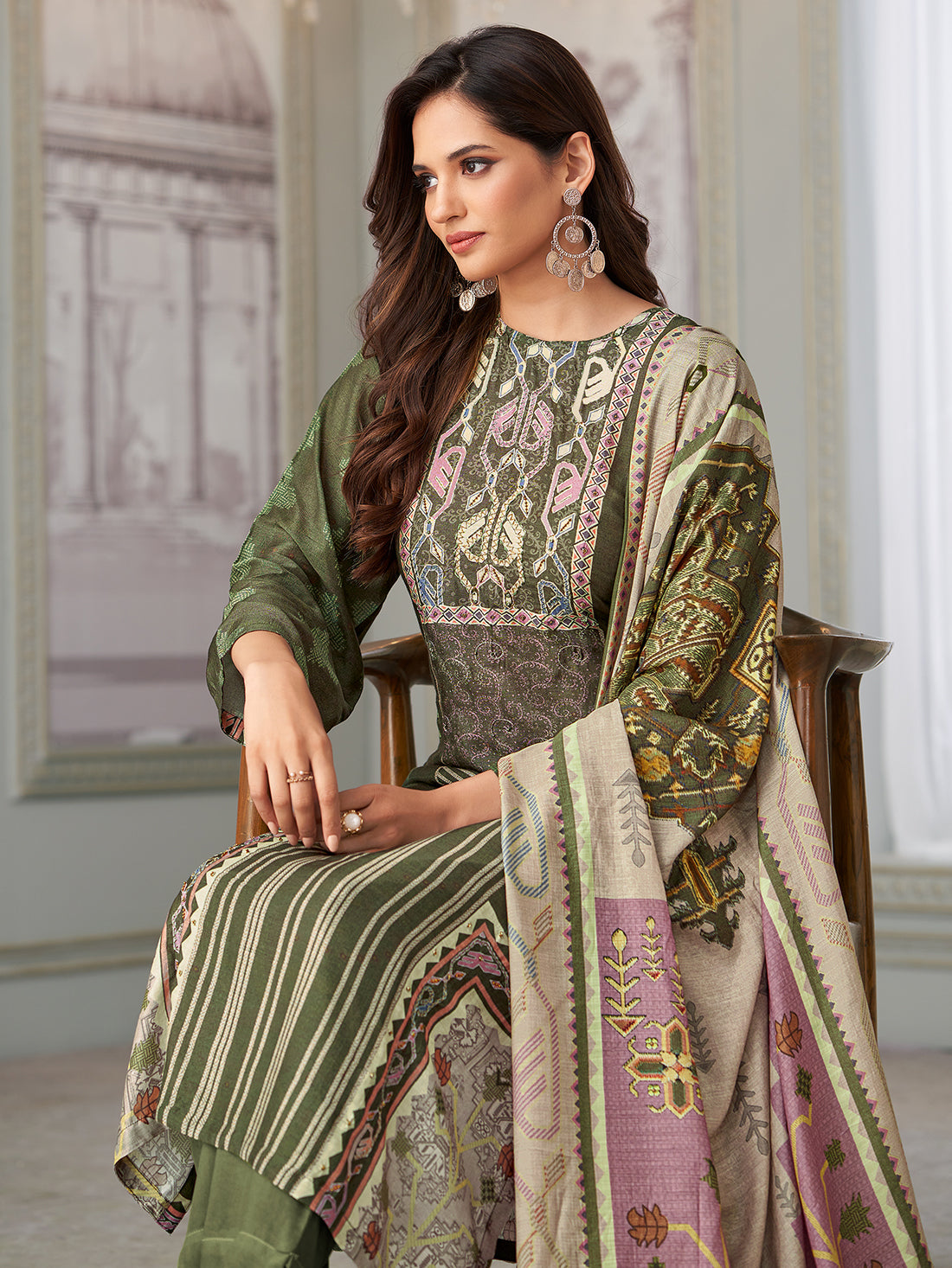 ANVESHA Mehendi - Muslin Suit Set With Handwork