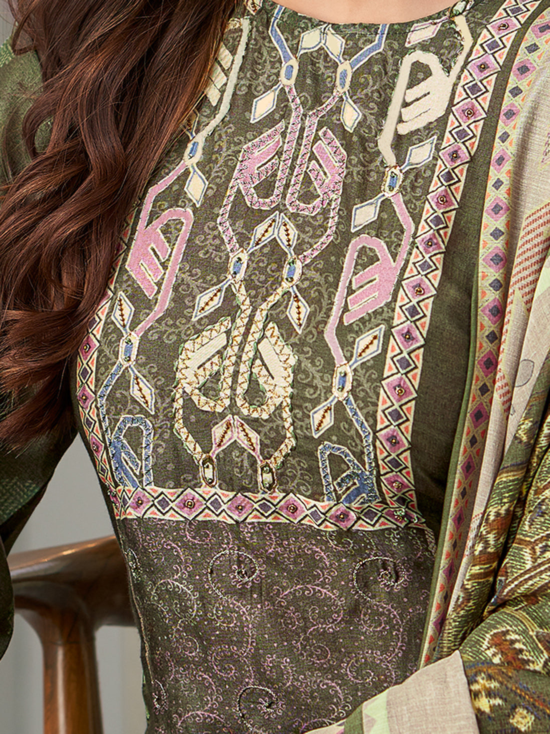 ANVESHA Mehendi - Muslin Suit Set With Handwork