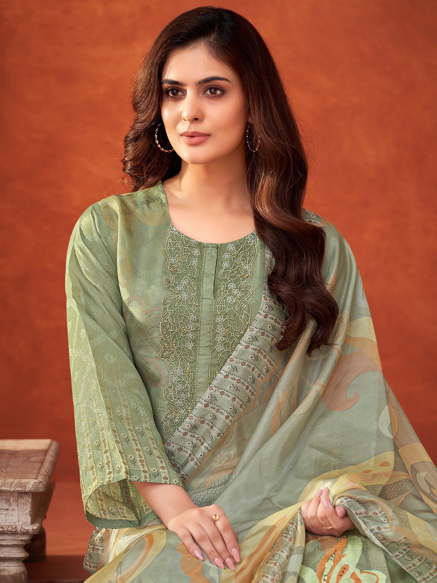 HIMANI Rich Green Pure Shimmer Tissue Suit Set with Handwork, Threadwork & Elegant Embroidery