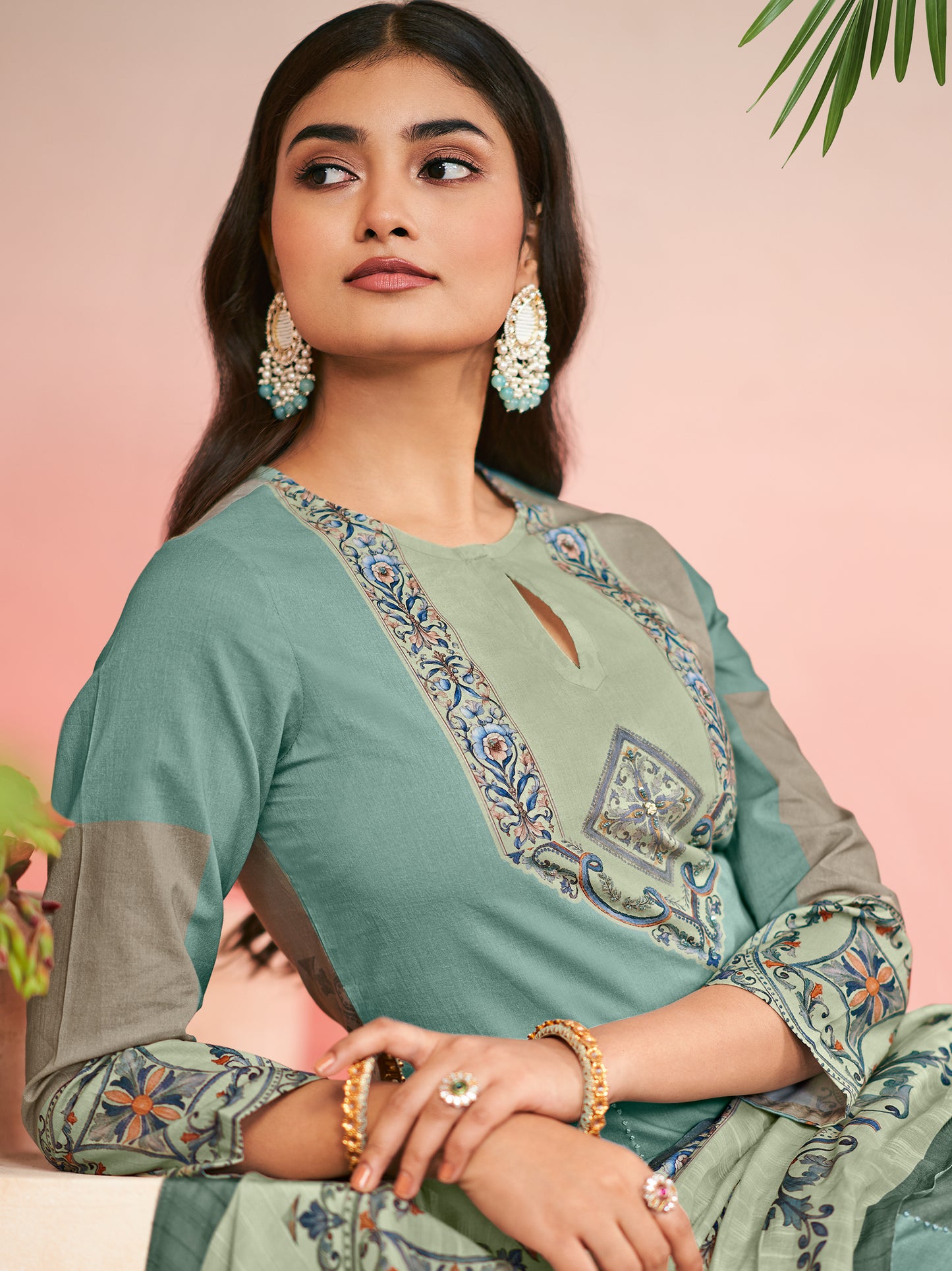 RAHEELA DUSTY TEAL Pure Cotton Unstitched Set with Intricate Handwork