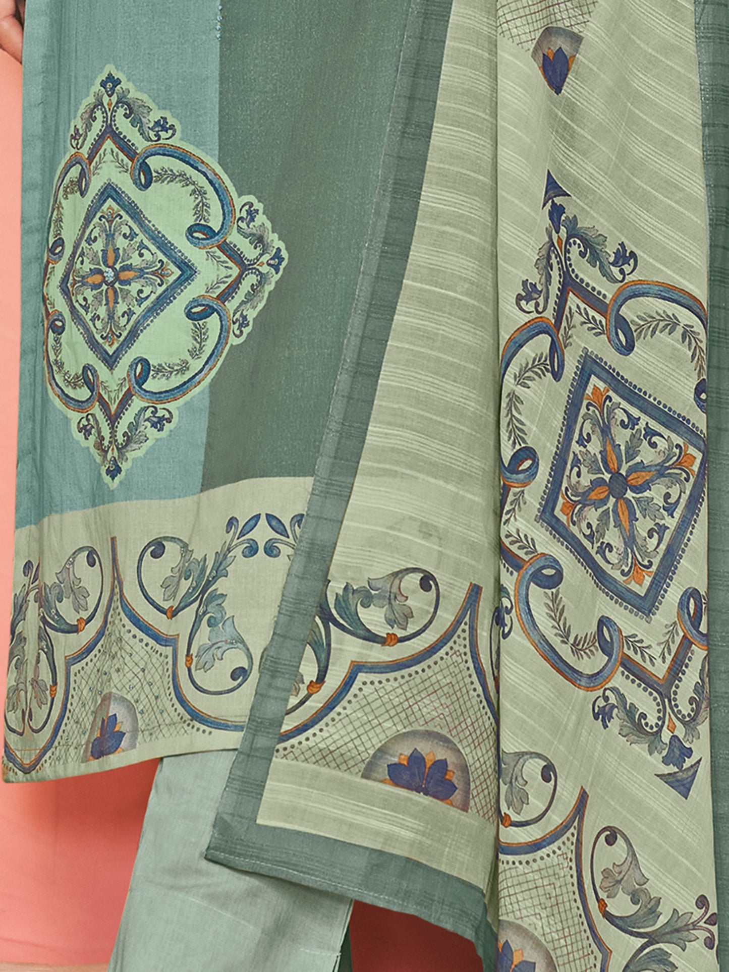 RAHEELA DUSTY TEAL Pure Cotton Unstitched Set with Intricate Handwork