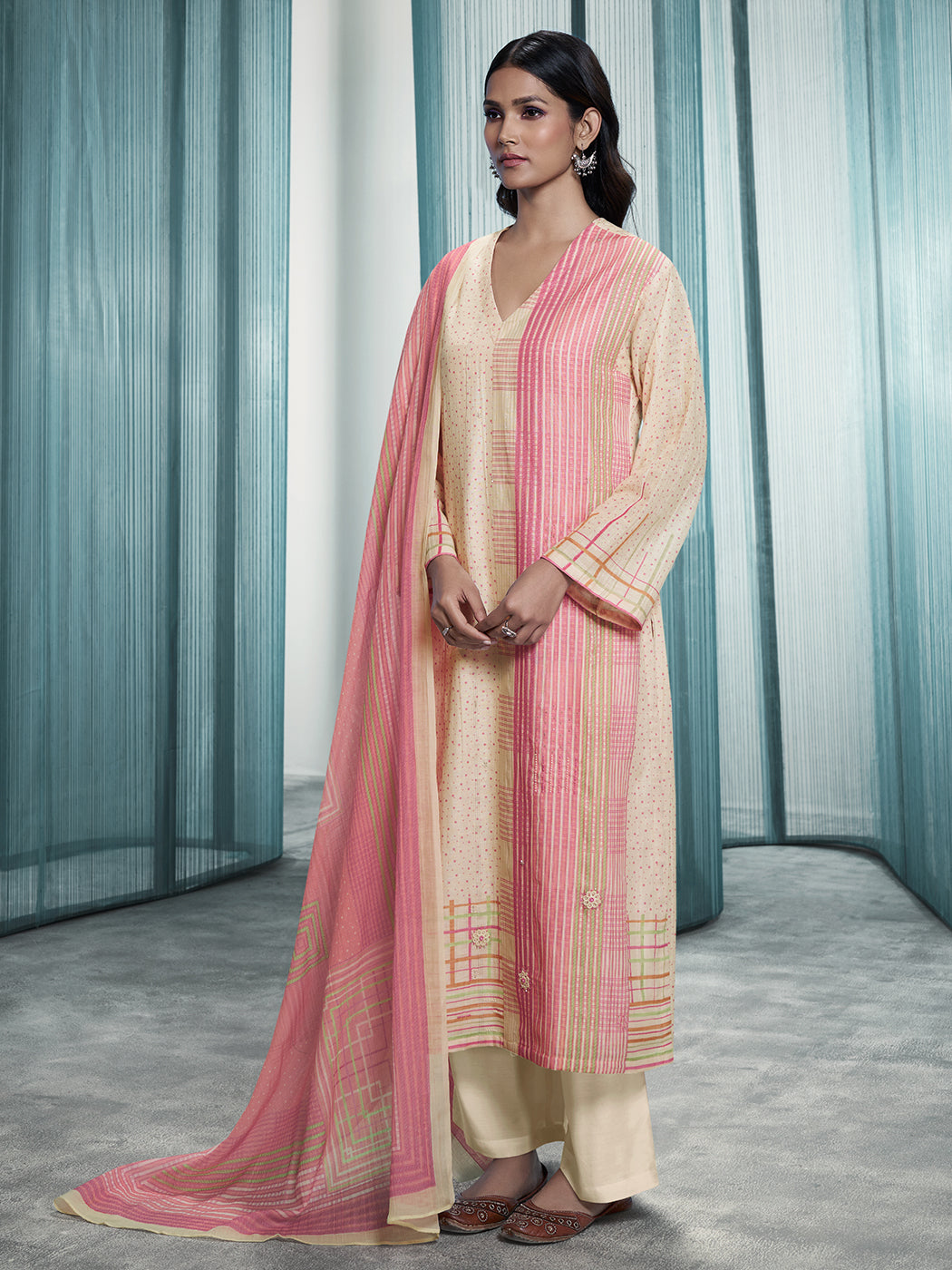 Lakeer Pink Pure Viscose Linen Unstitched Set with Elegant Handwork
