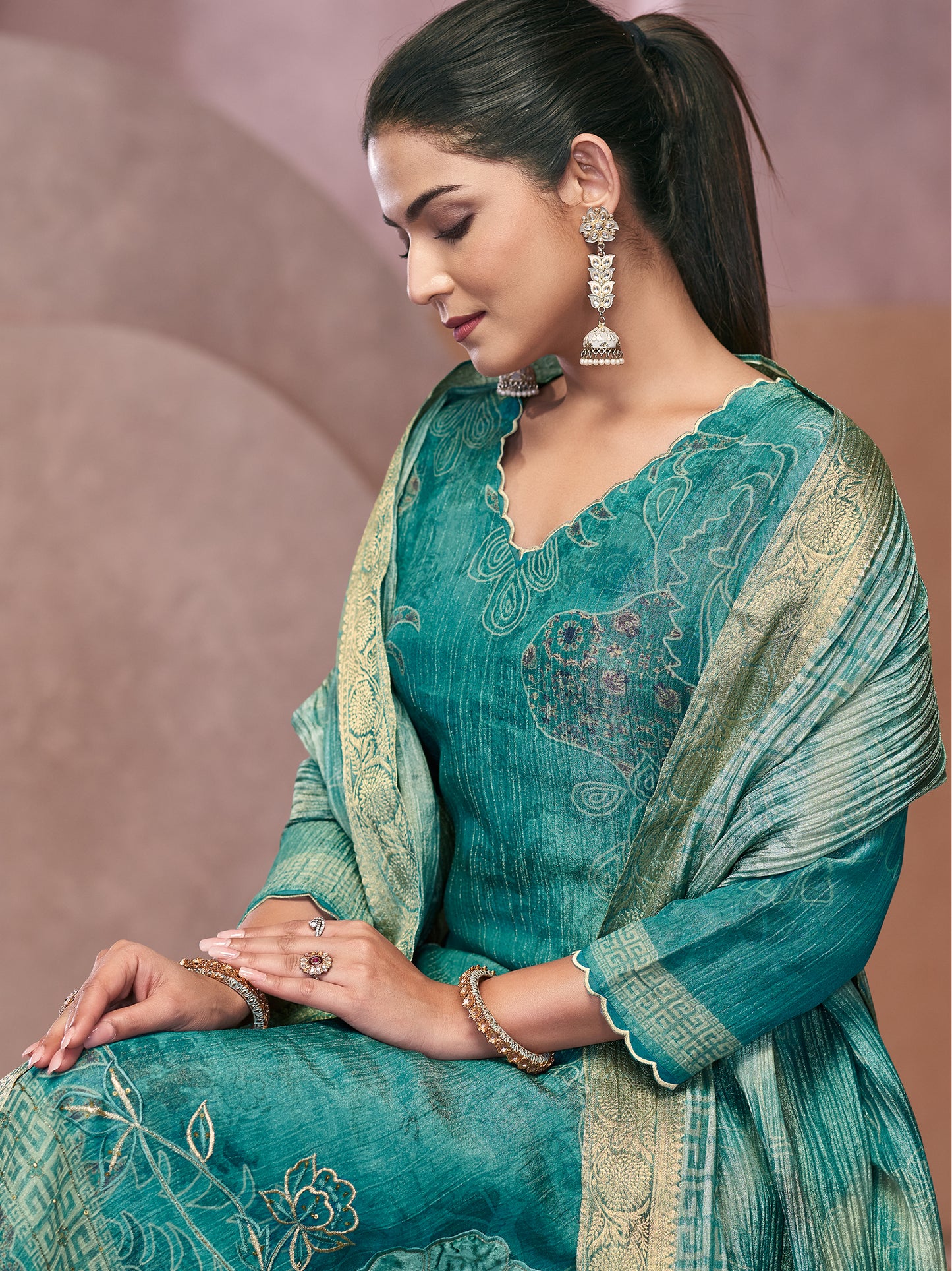 VADANYA DARK BLUEGREEN Pure Fancy Linen Zari Suit Set With Elegant Handwork, Embroidery & Threadal