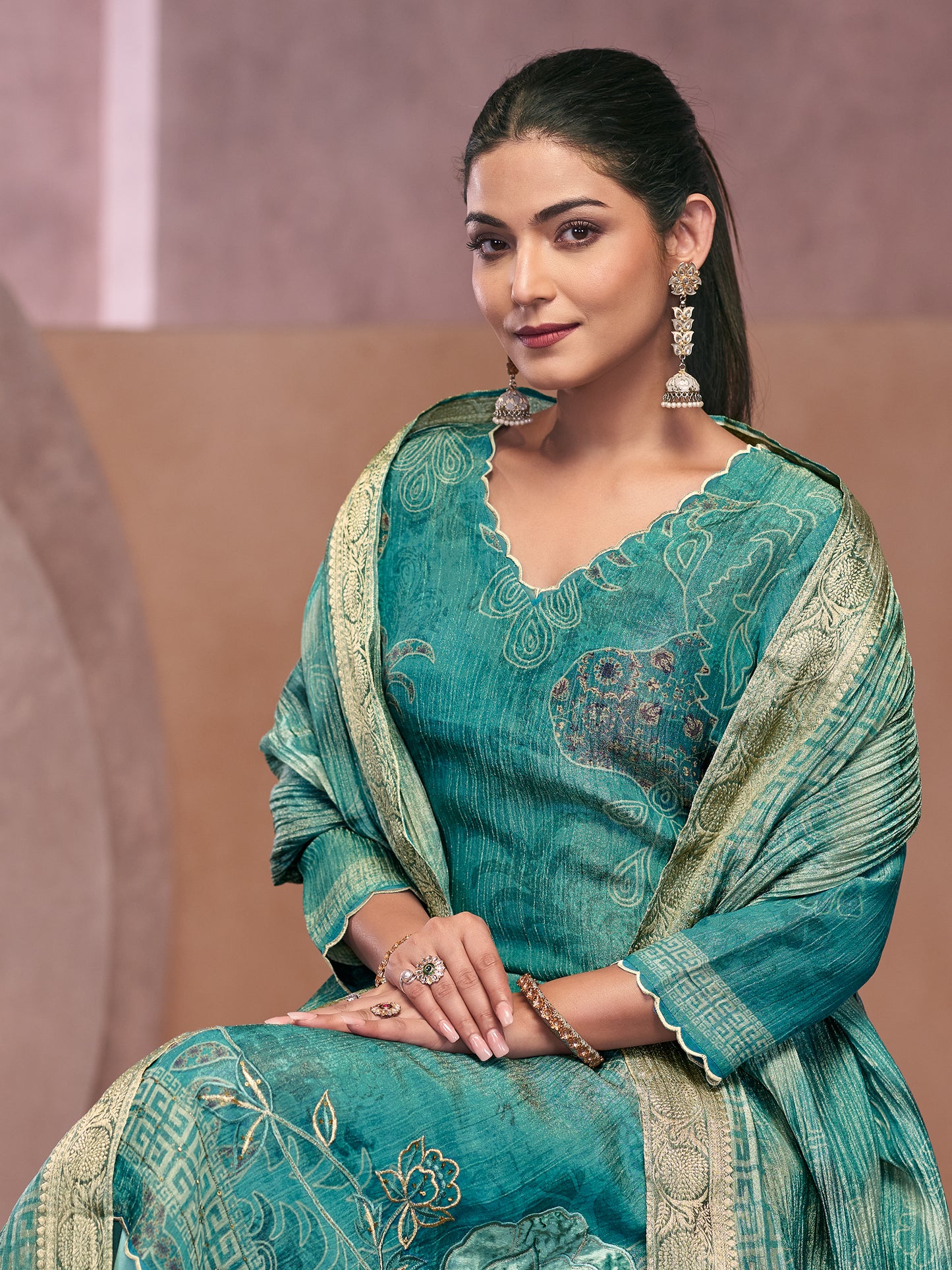 VADANYA DARK BLUEGREEN Pure Fancy Linen Zari Suit Set With Elegant Handwork, Embroidery & Threadal