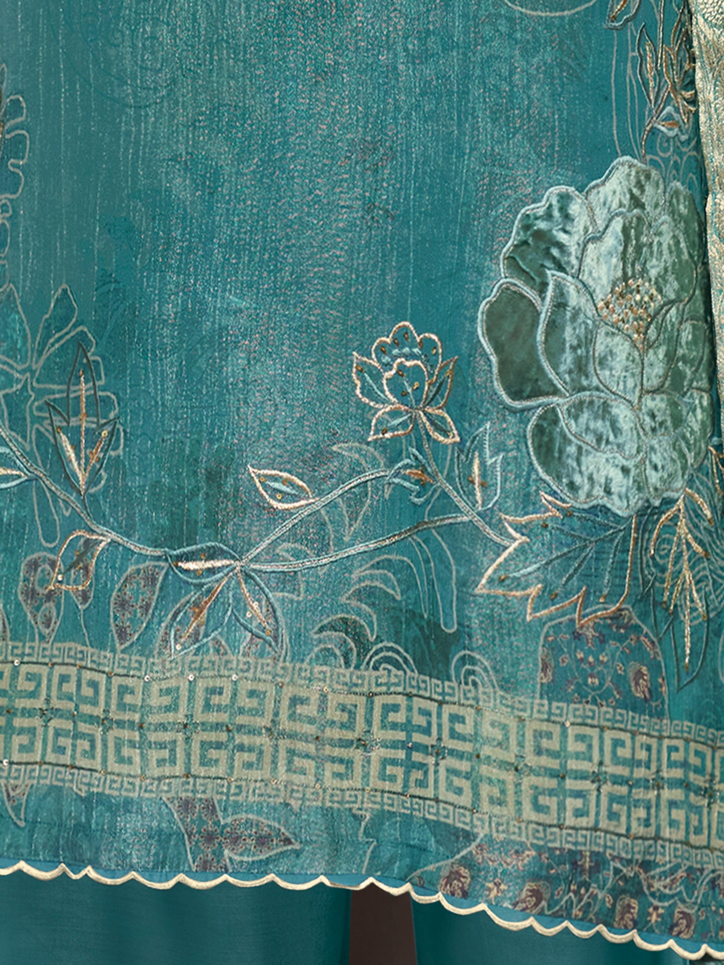 VADANYA DARK BLUEGREEN Pure Fancy Linen Zari Suit Set With Elegant Handwork, Embroidery & Threadal