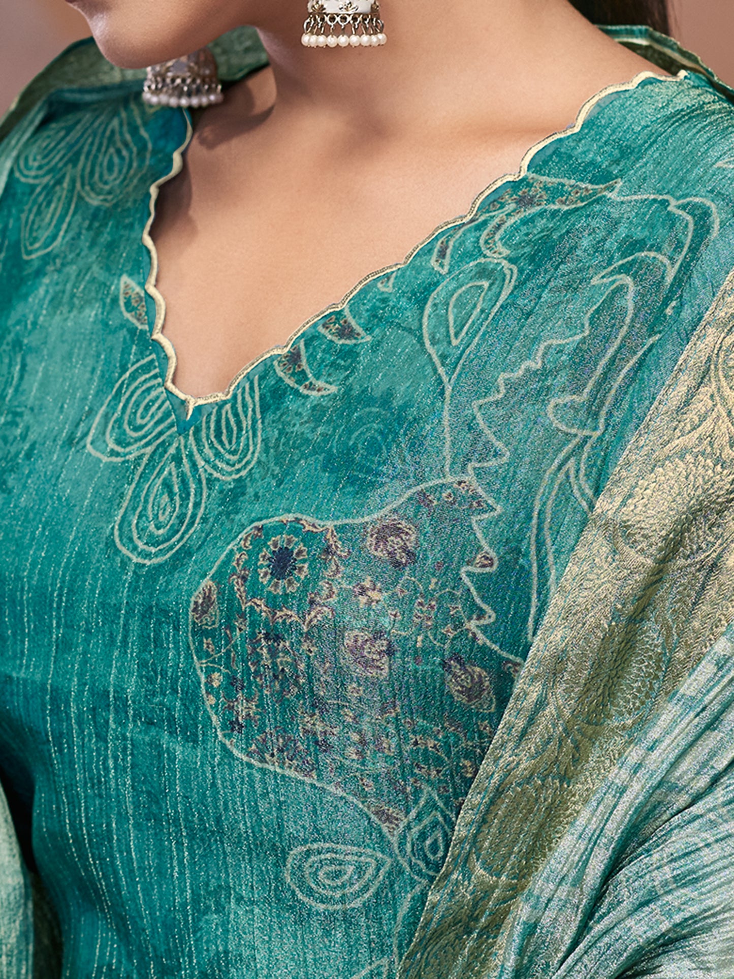 VADANYA DARK BLUEGREEN Pure Fancy Linen Zari Suit Set With Elegant Handwork, Embroidery & Threadal
