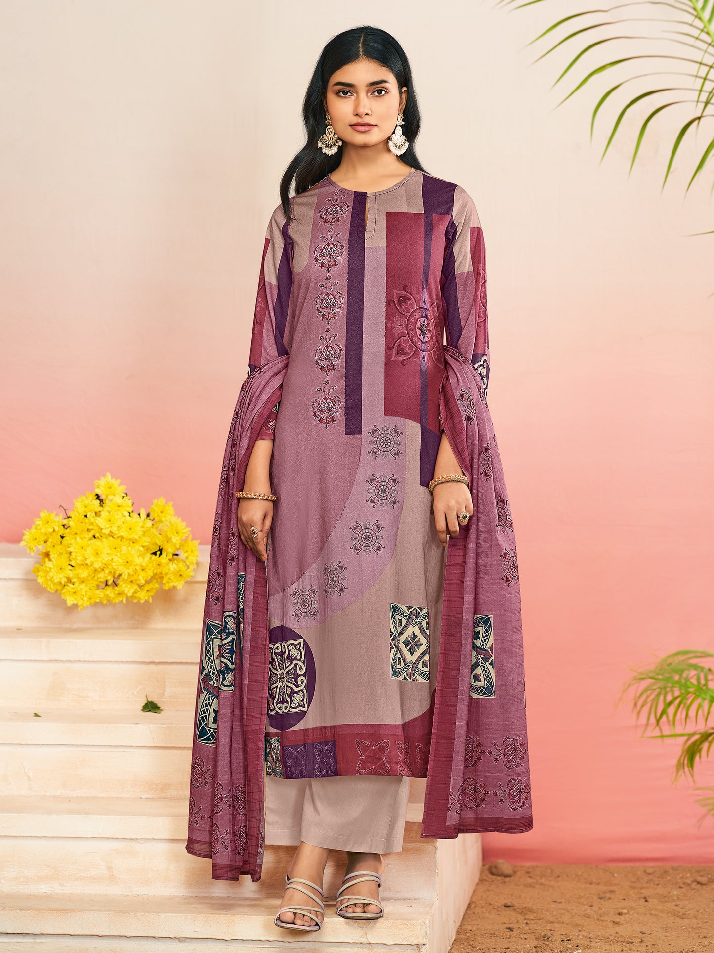 RAHEELA WINE Pure Cotton Suit Set with Intricate Handwork