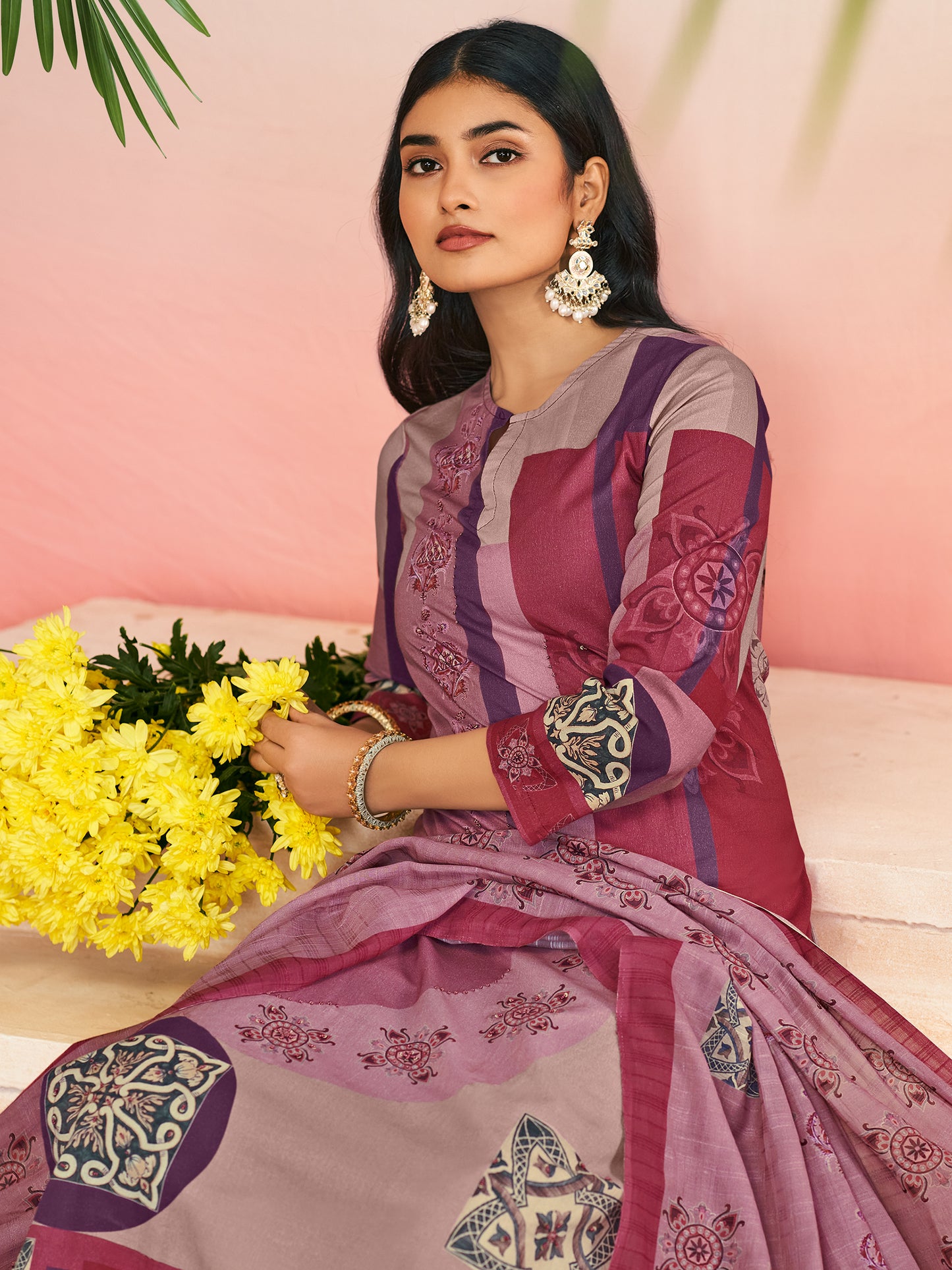 RAHEELA WINE Pure Cotton Suit Set with Intricate Handwork