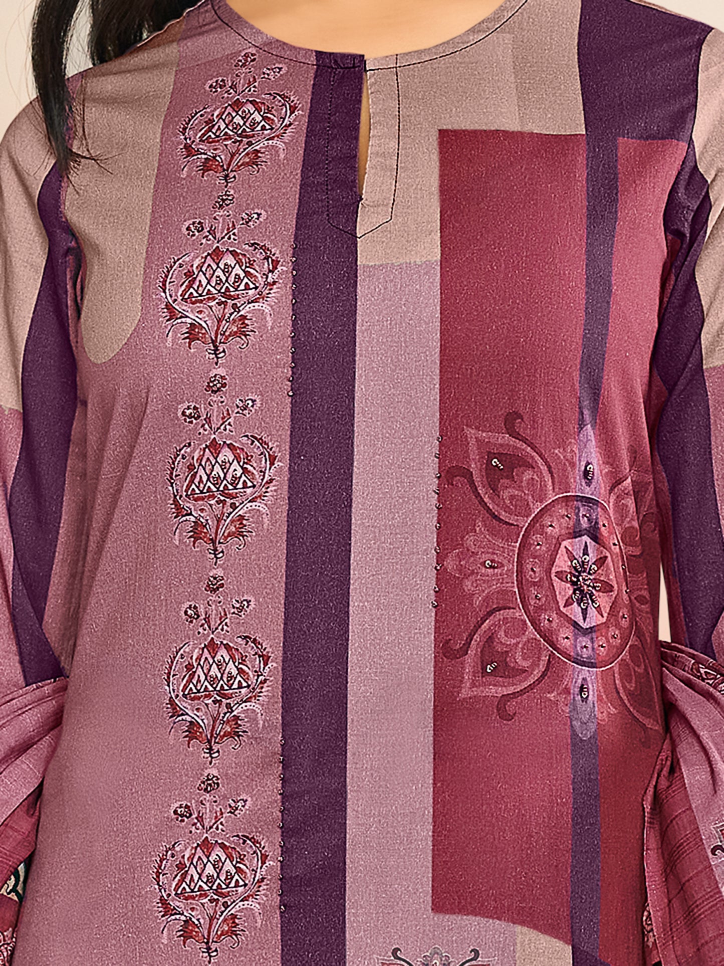 RAHEELA WINE Pure Cotton Suit Set with Intricate Handwork