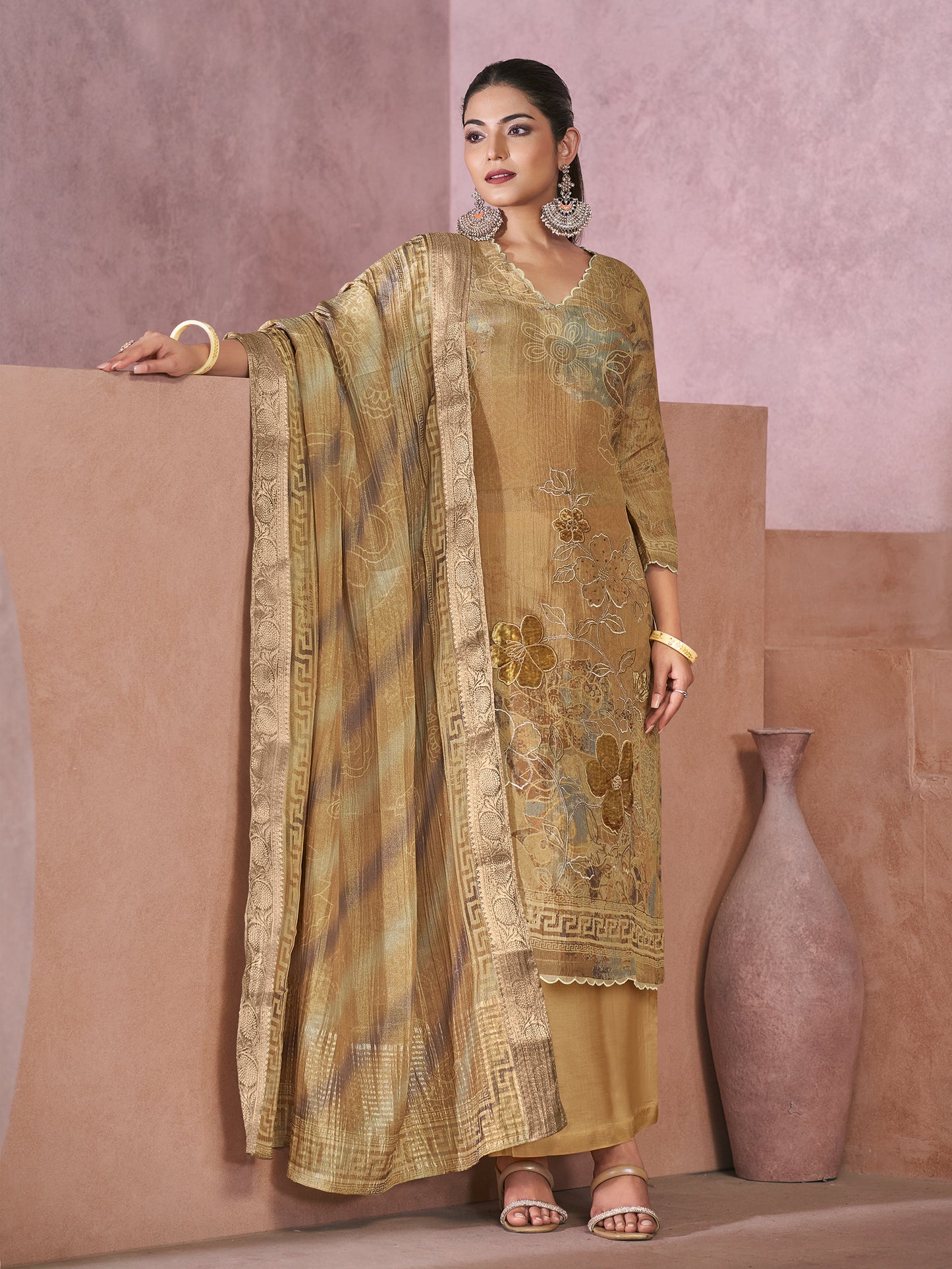 VADANYA DARK CHICKU Pure Fancy Linen Zari Suit Set With Elegant Handwork, Embroidery & Threadal