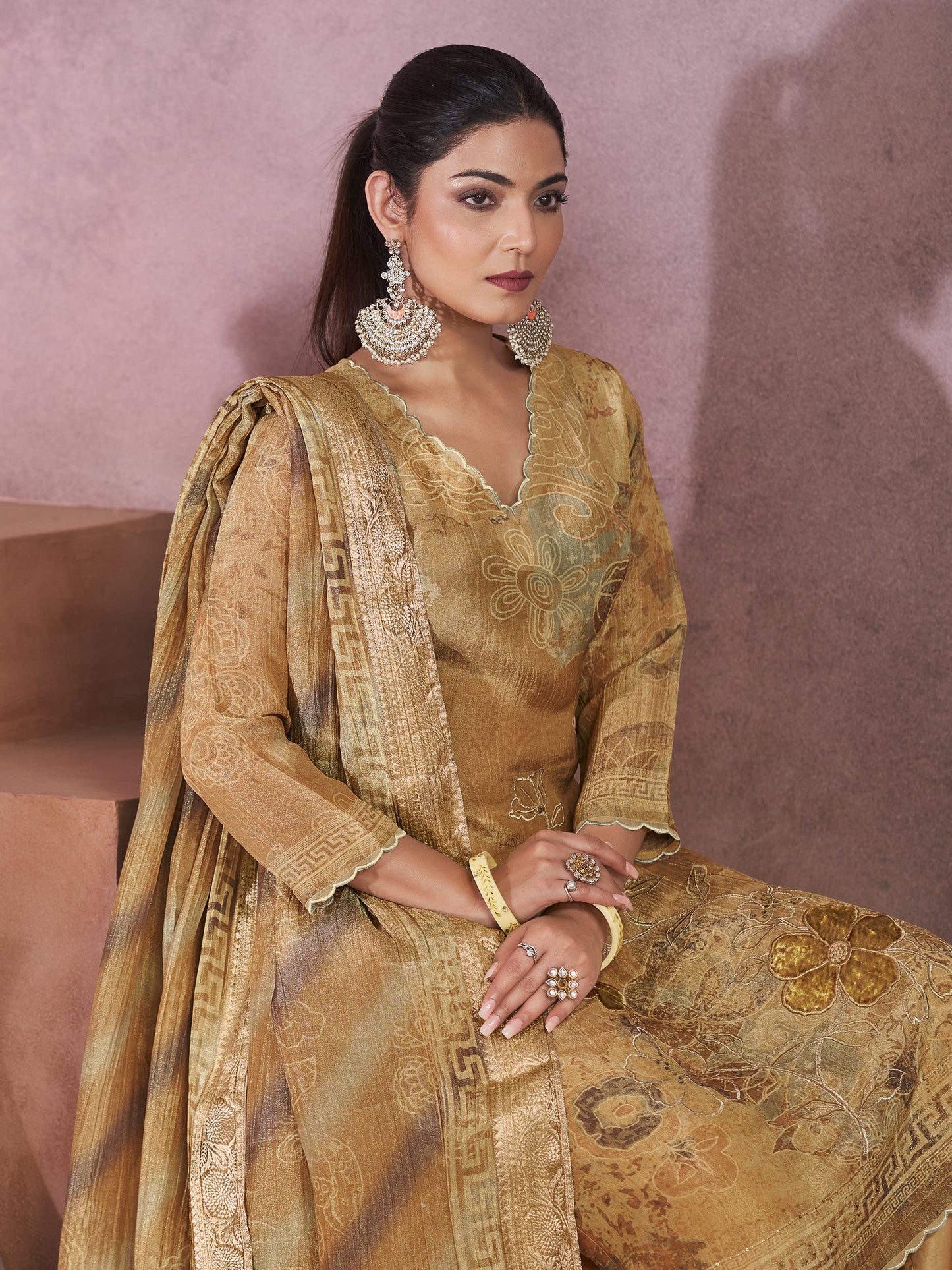 VADANYA DARK CHICKU Pure Fancy Linen Zari Unstitched Set With Elegant Handwork, Embroidery & Threadal