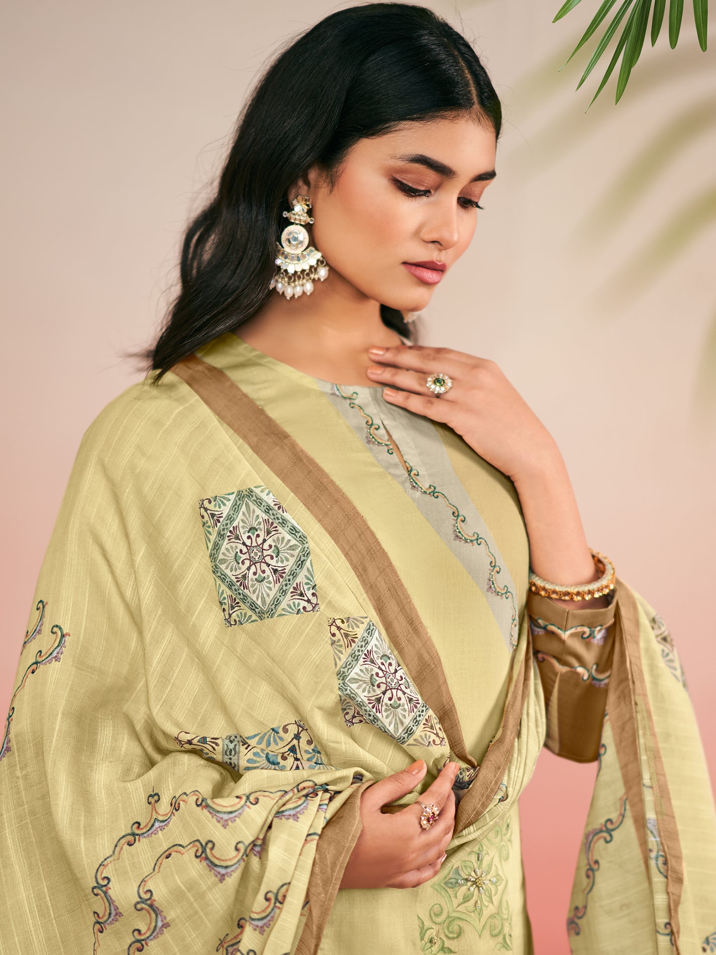 RAHEELA LIGHT YELLOW Pure Cotton Unstitched Set with Intricate Handwork
