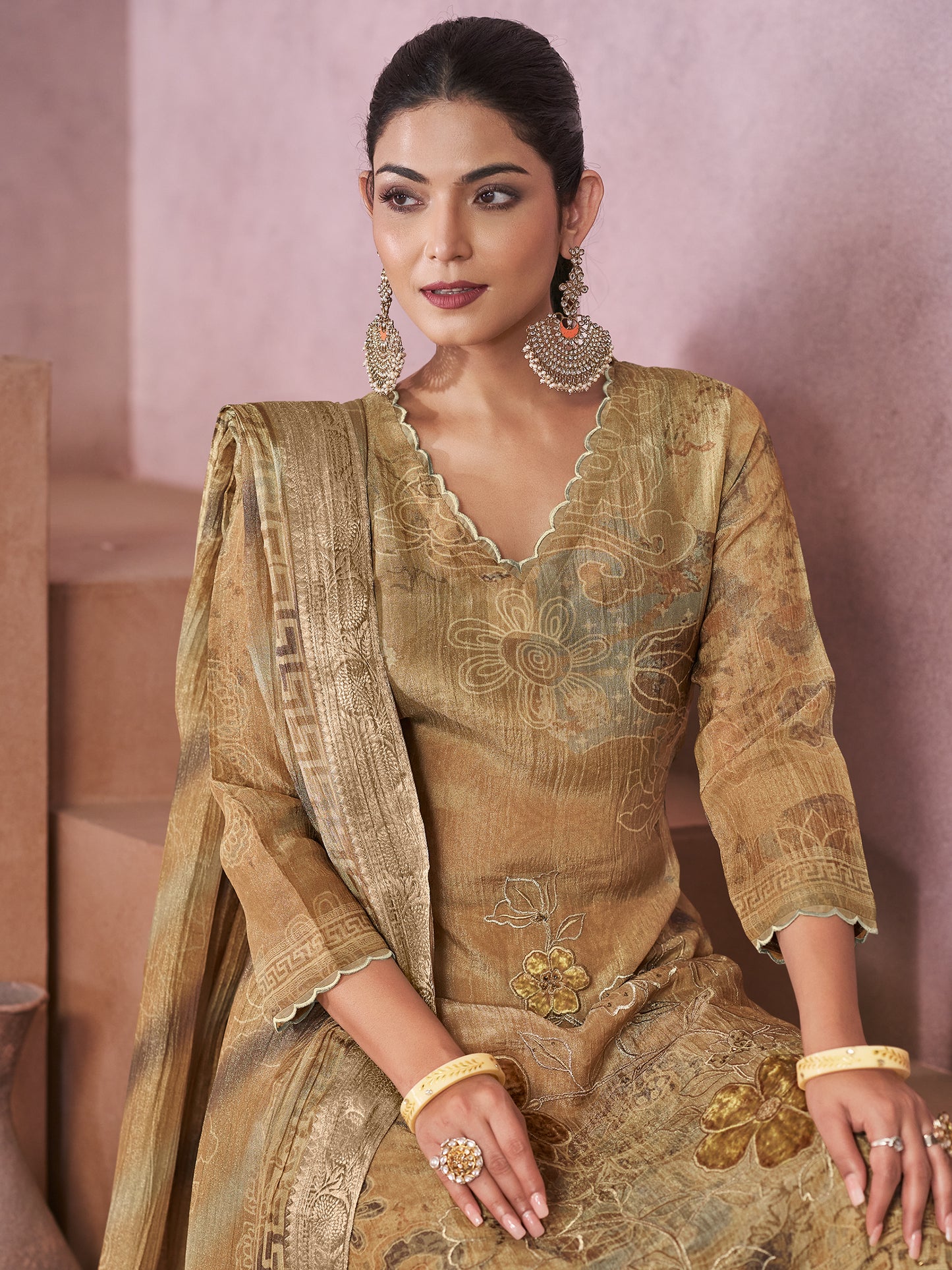 VADANYA DARK CHICKU Pure Fancy Linen Zari Unstitched Set With Elegant Handwork, Embroidery & Threadal