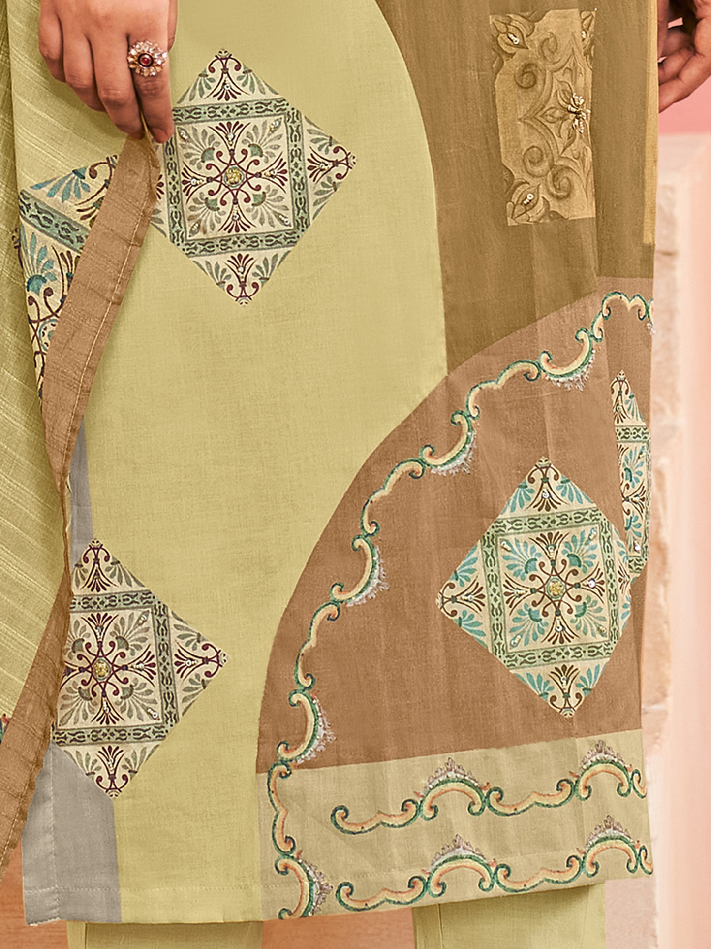 RAHEELA LIGHT YELLOW Pure Cotton Unstitched Set with Intricate Handwork